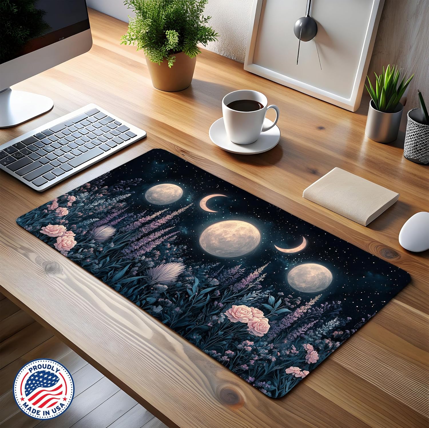 Celestial Moon Phase Desk Mat, Large Extended Mouse Pad with Mystical Lunar Design & Floral Elements, Waterproof Non-Slip Gaming Deskmat for Office, Home, Astrology Lovers & Witchy Gifts, 31x15in