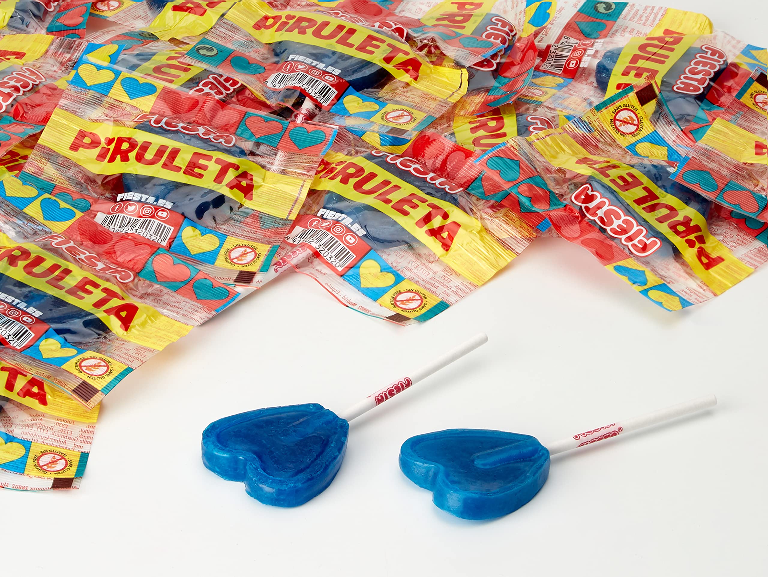 FIESTA Piruletas Pintalenguas Caramelo con Palo en Forma de Corazón Sabor Mora - Caja de 80 unidades & Kojak Pintalenguas Caramelo con Palo Sabor Mora Relleno de Chicle - Caja de 100 unidades