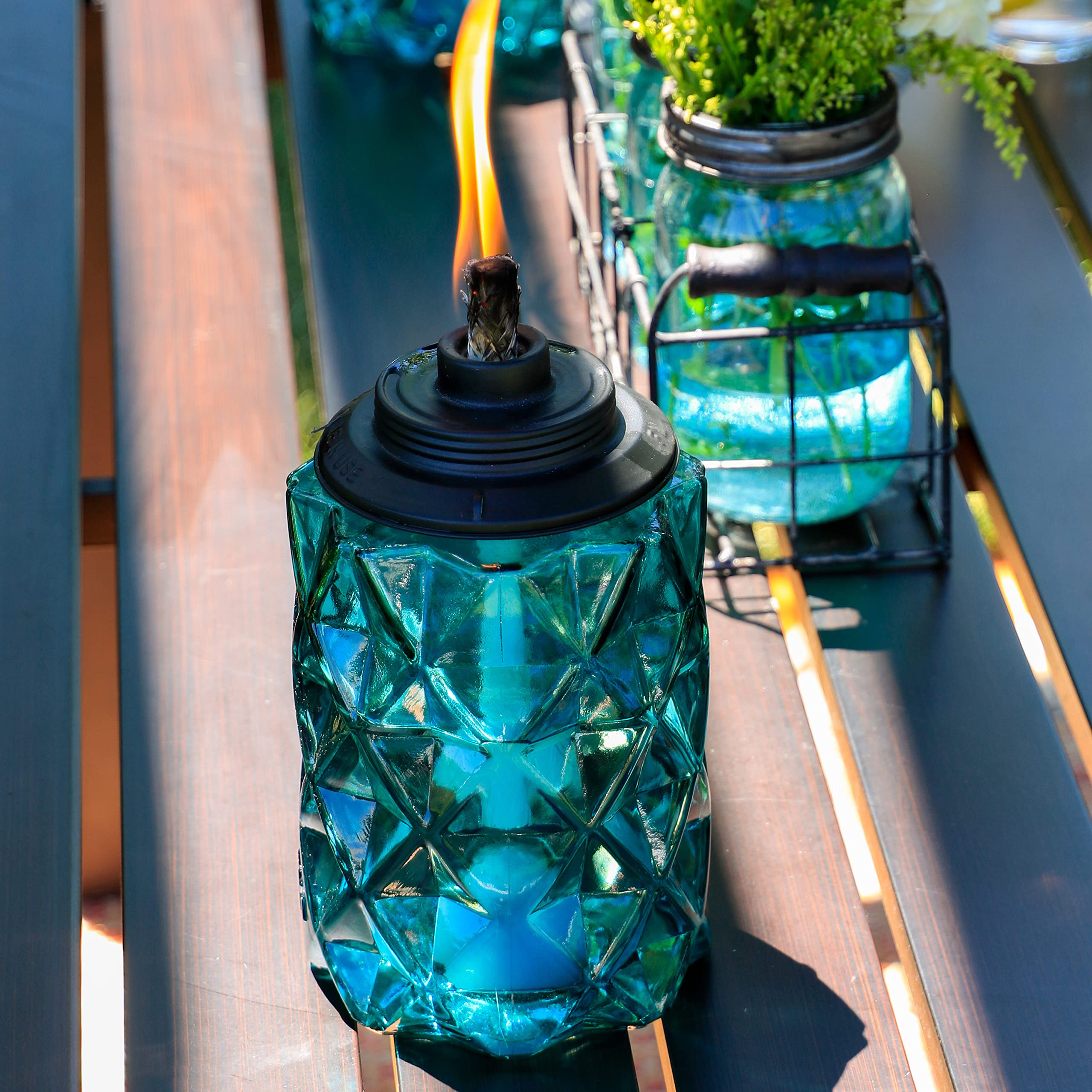 TIKI Confezione da 2 torce in Vetro Blu Topazio Facile da installare, Illuminazione Decorativa per Esterni, per Prato, Patio, Cortile, 165 cm, Blu, 1122125