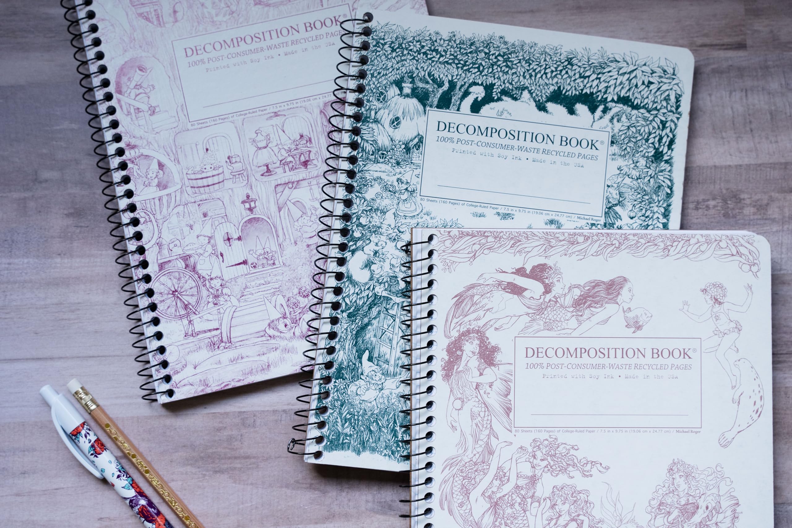 Decomposition Whimsical Garden Pack de 3 cuadernos de espiral con rayas universitarias – Diario de 24,8 x 19,1 cm, 160 páginas rayadas – Papel 100% reciclado – Cuadernos para material escolar, hogar y