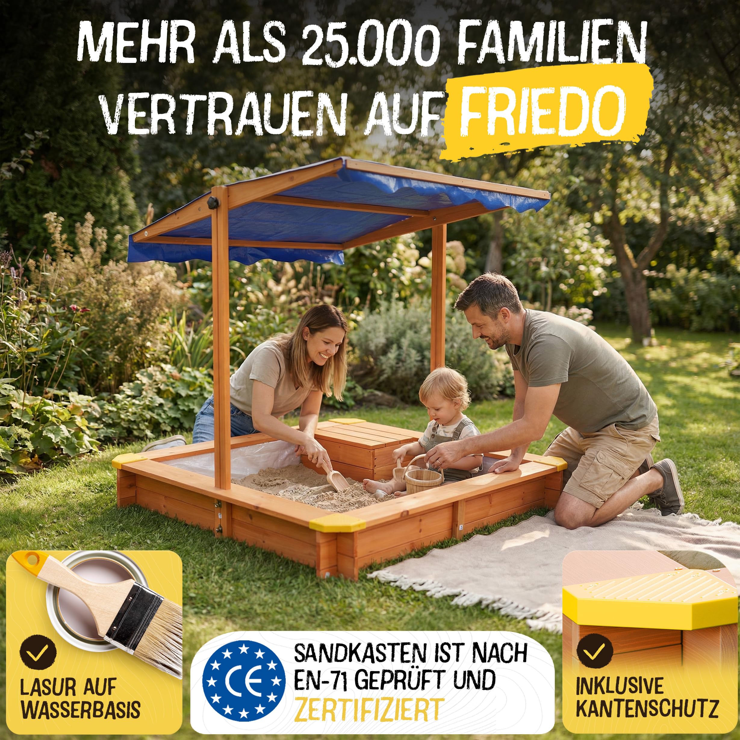 FRIEDO - Sandkasten mit Dach (UV80+) & Matschküche 140x140 cm - Sandkiste inklusive Bodenvlies gegen Unkraut und Ungeziefer - Sandkasten mit Abdeckung für Kinder (L - 140x140cm)