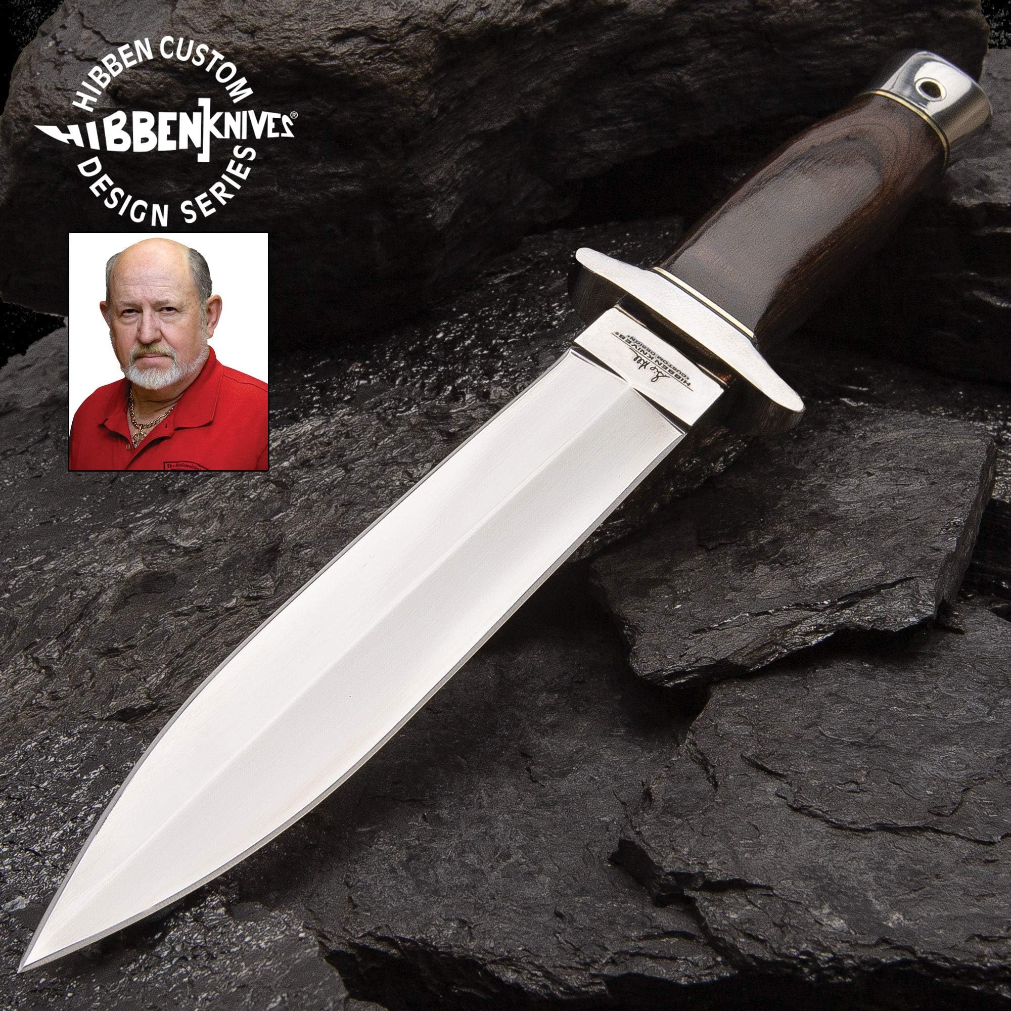 GIL HIBBEN Knives Double Edge Boot Knife with Leather Belt Sheath - 5Cr15 Steel Blade, Pakkawood Handle, Stainless Steel Guard and Pommel, Functional Collectible, for Daily Carry - Length 10 3/8”