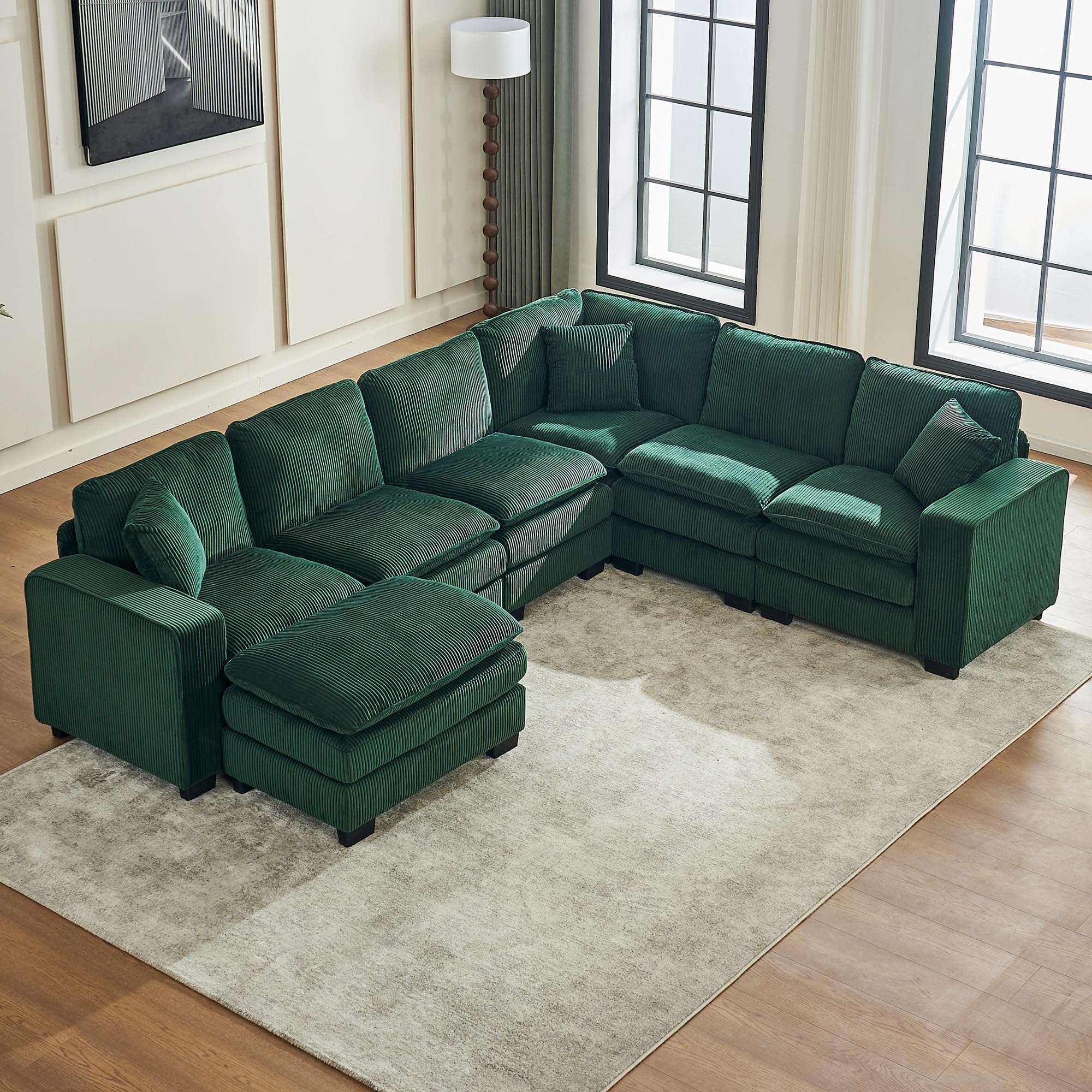 Aoowow Corduroy Modular Sectional Couch,Spacious 6 Seater Cloud Couch,L-Shaped Corner Sofa,DIY Free Combination U-Shaped Sofa with Ottoman for Living