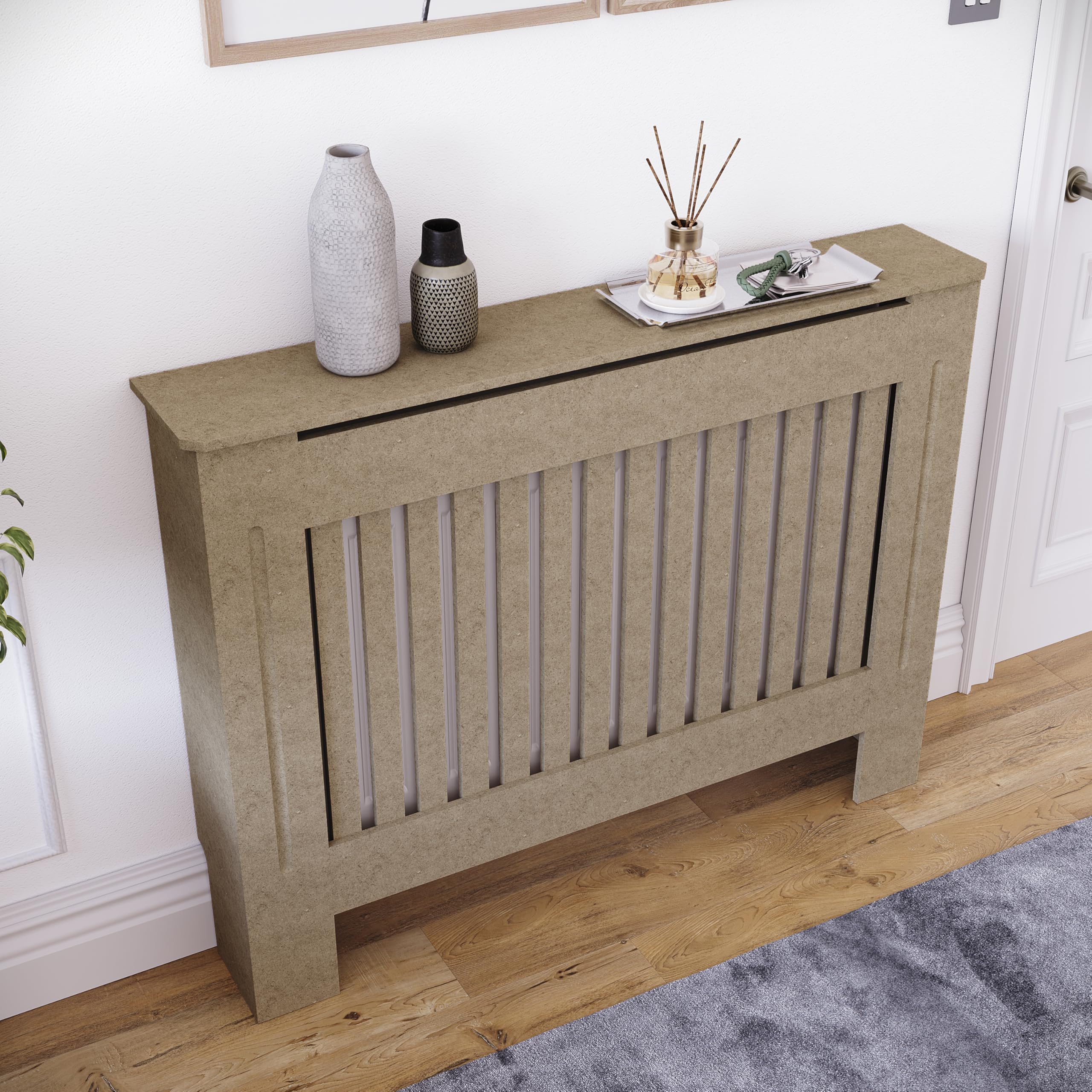 Vida Designs Chelsea Heizkörperabdeckung Unfinished - Mittel - Modernes vertikales Lamellendesign für optimale Wärmeverteilung - H82xW112xD19cm - Unlackiertes MDF-Möbel Ideal für Wohnzimmer und Flur