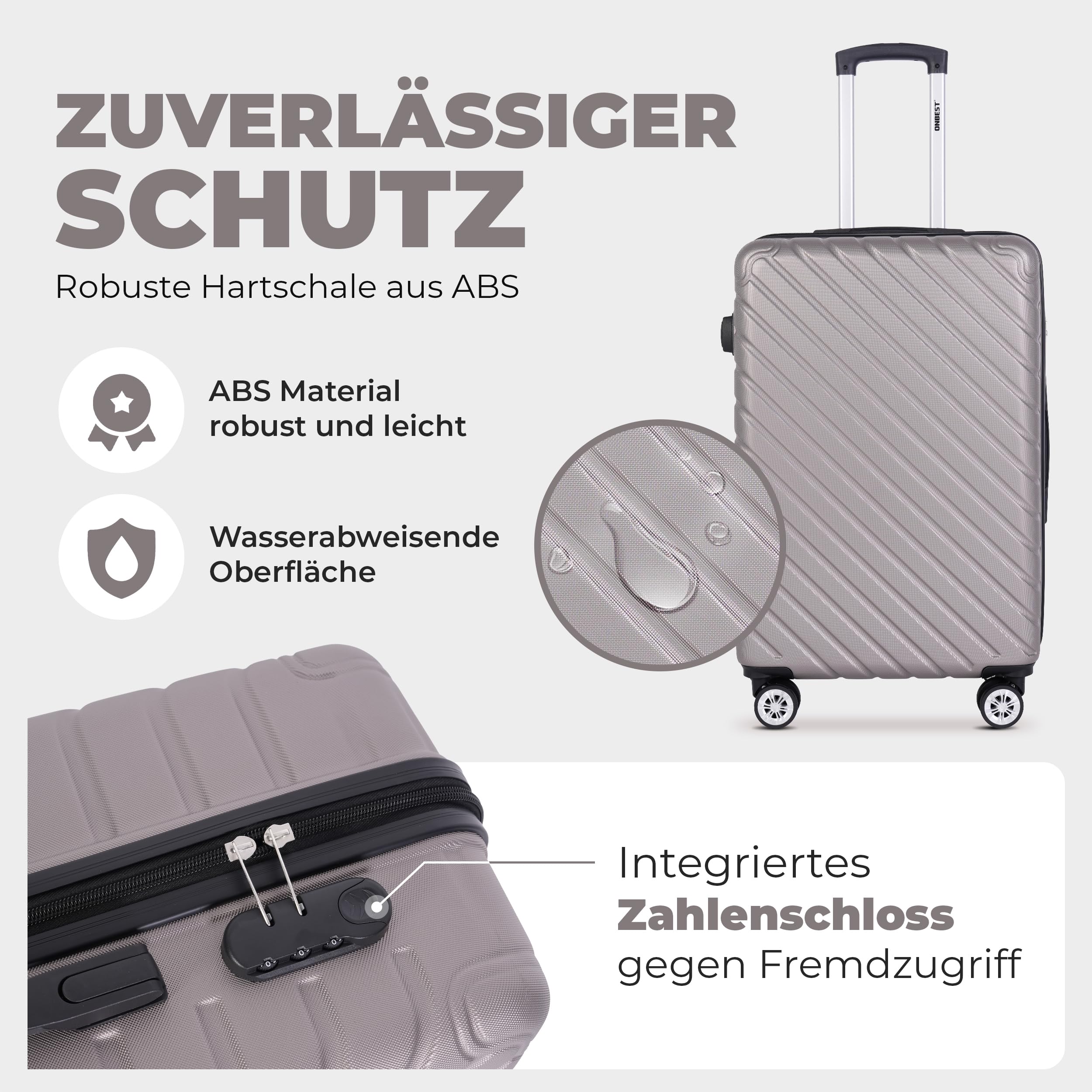 Onbest 3er Kofferset XXL 20/24/28 Zoll Champagner mit Kofferwaage | ABS-Hartschalenkoffer mit Rollen, Reisegepäck-Set aus Reisekoffer, Trolley und Rollkoffer, digitale Waage
