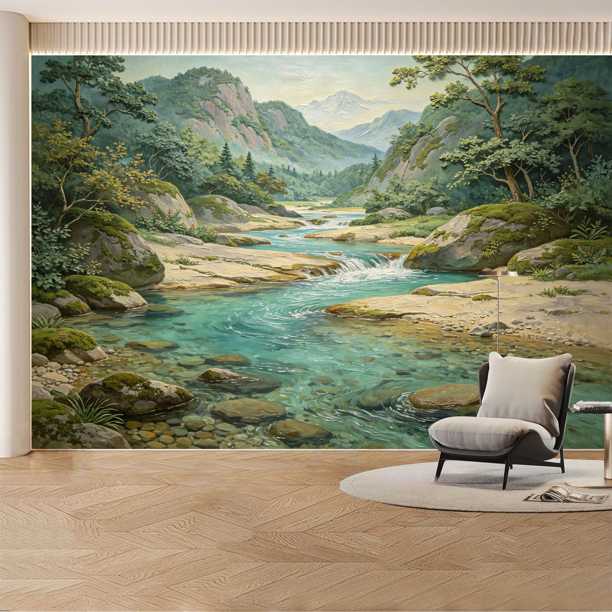 Custom Wall Mural Wallpaper Mountain River， Nature Landscape 3D Effect Wall Decor， Misty Tropical for Living Room， Bedroom， Office