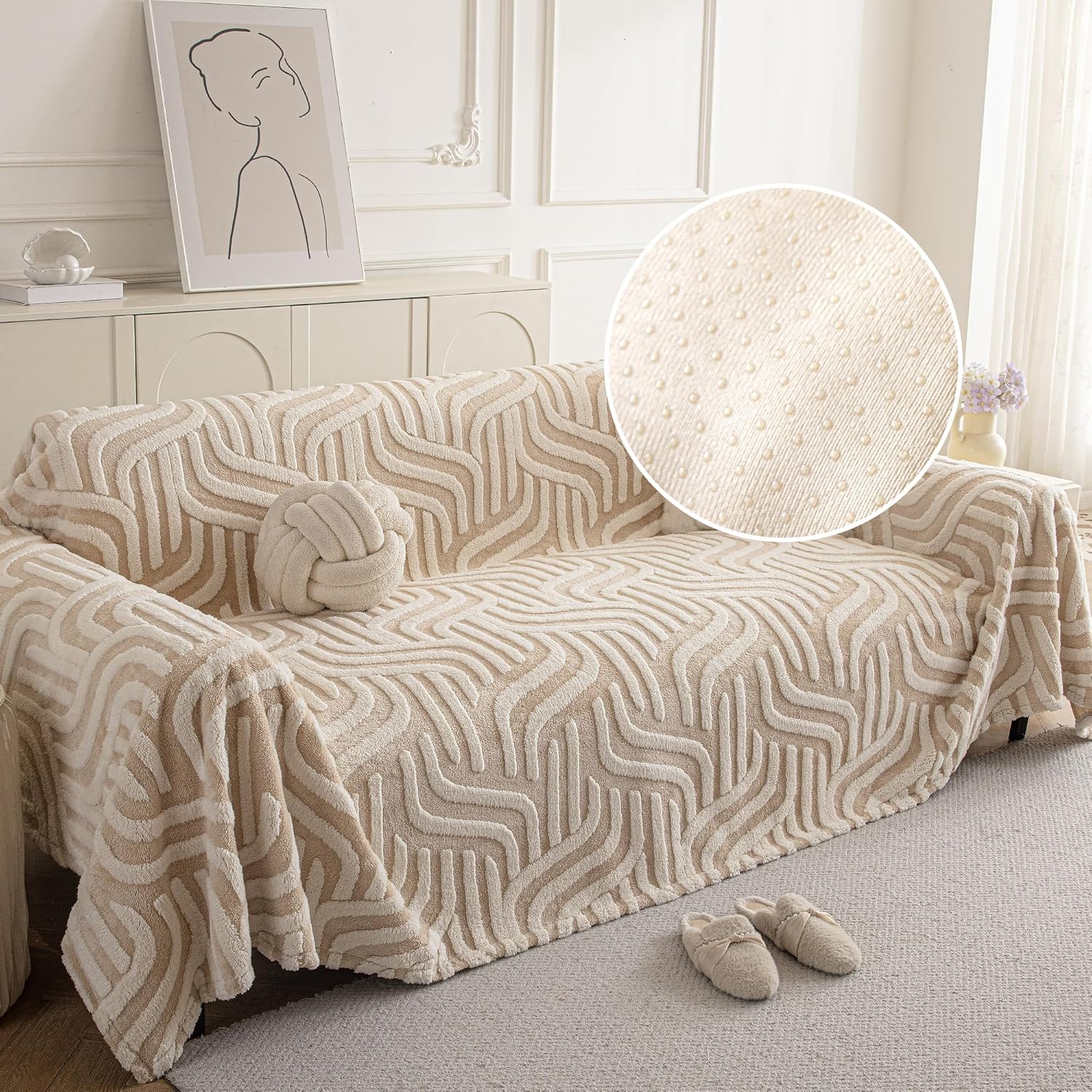 Non Slip Couch Covers for 2 Cushion, Scratch Resistant Pet Friendly Sofa Couch Covers for Dogs, Sherpa Velvet Protectors Slipcovers, Washable Furniture Covers, 71" x 102", Geometric Wave Beige