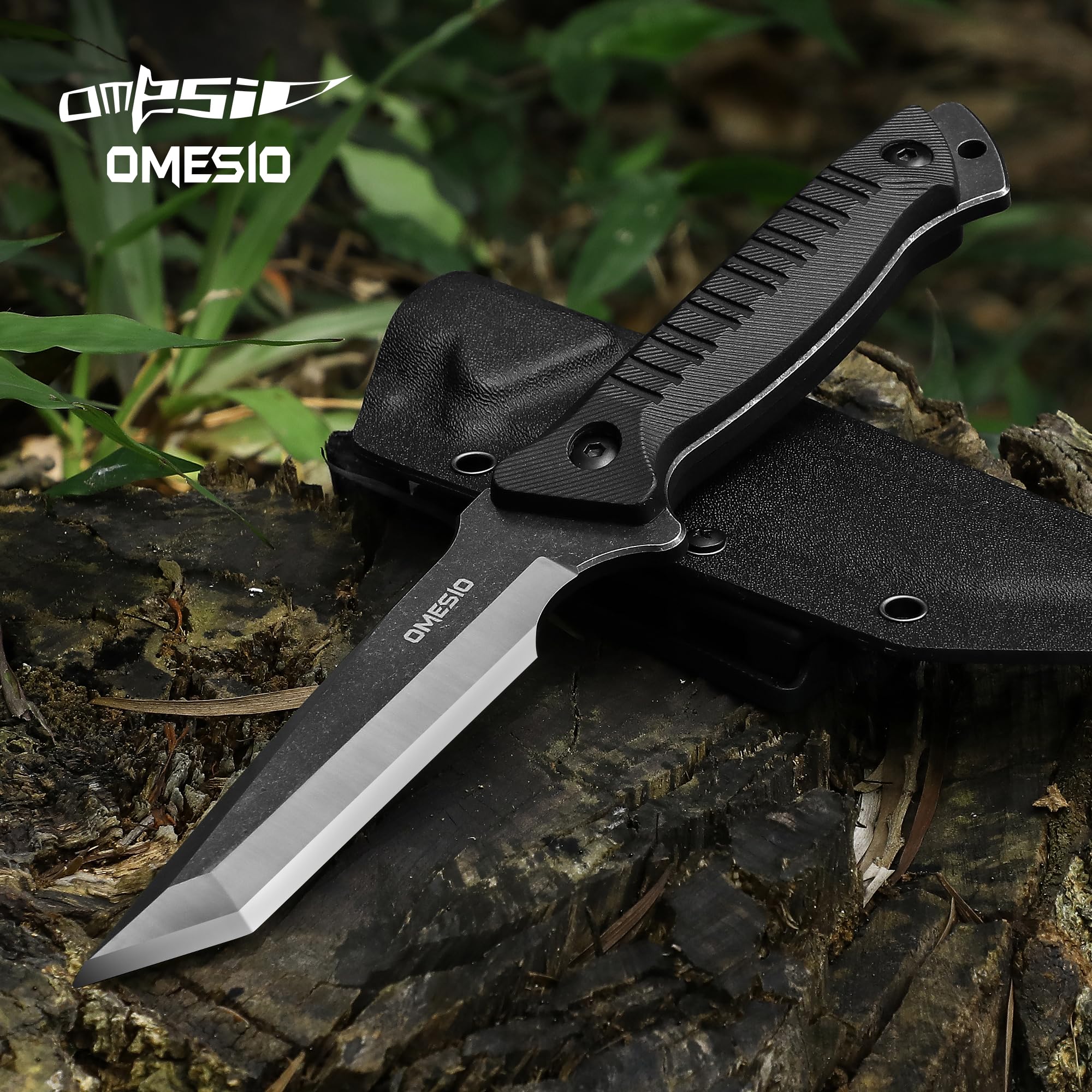 Omesio L-MS01 Tanto Coltello Con Fodero Kydex, Acciarino Coltello Da Caccia in Acciaio Full Tang 420c, Lunghezza Lama 10,4 Cm, Manico G10 per La Caccia E Il Campeggio