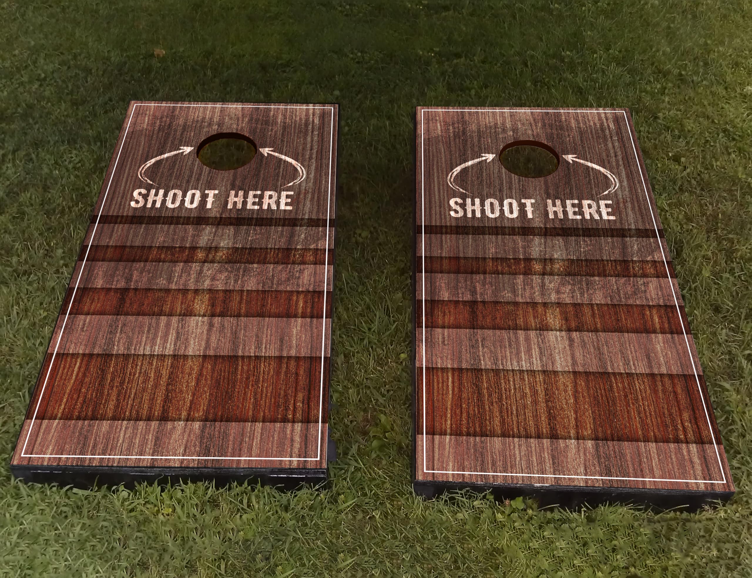 AdesiivoStudio Rustic Woodgrain Cornhole Board Wraps – Classic 'Shoot Here' Design for Backyard & Tailgating Fun | Durable & Easy to Apply