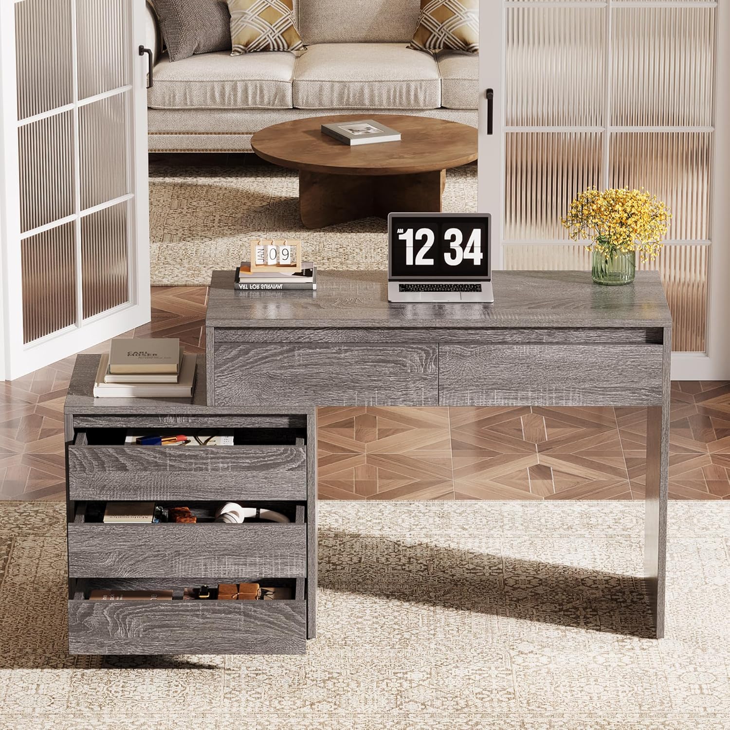 Tribesigns Computer Desk with 5 Drawers, Executive Home Office Desk with File Cabinet and Printer Stand, Industrial Rustic Wood Desk for Small Spaces, Study Writing Workstation (Gray)