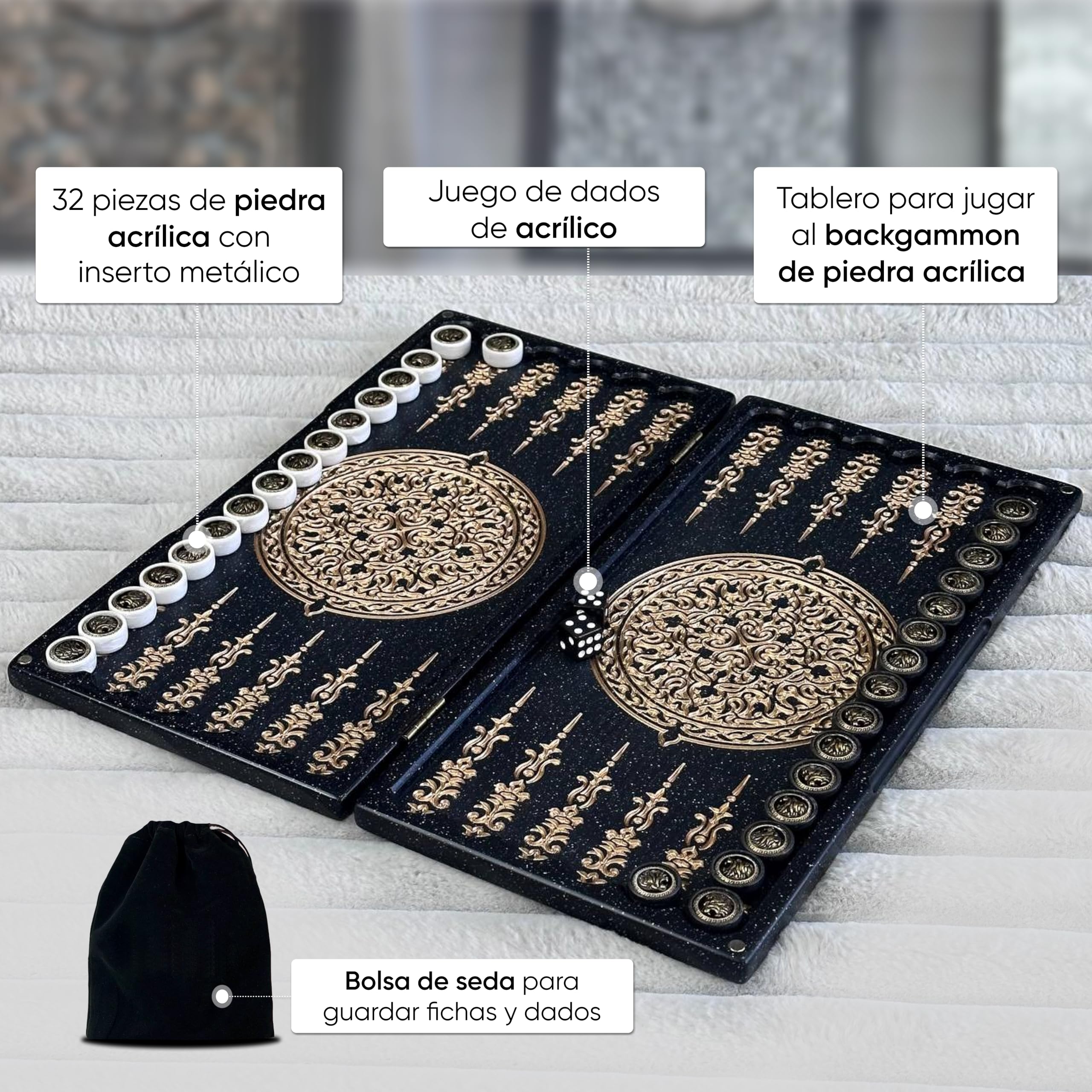 Backgammon de lujo "Golden Leon" – Juego hecho a mano de piedra acrílica y resina, tamaño mini 30 x 15 cm, listo para regalo, tamaño: 30 cm (11,8 pulgadas)
