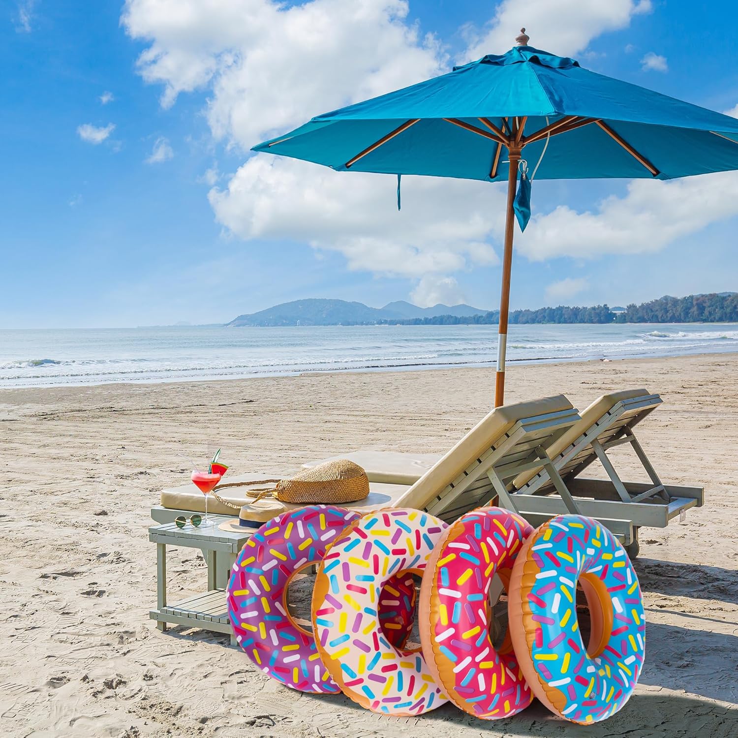 ArtCreativity Inflatable Donut Pool Float for Kids (Pack of 4) - Colorful Sprinkle Tube in Assorted Designs for Summer, Beach, and Birthday Party Decorations