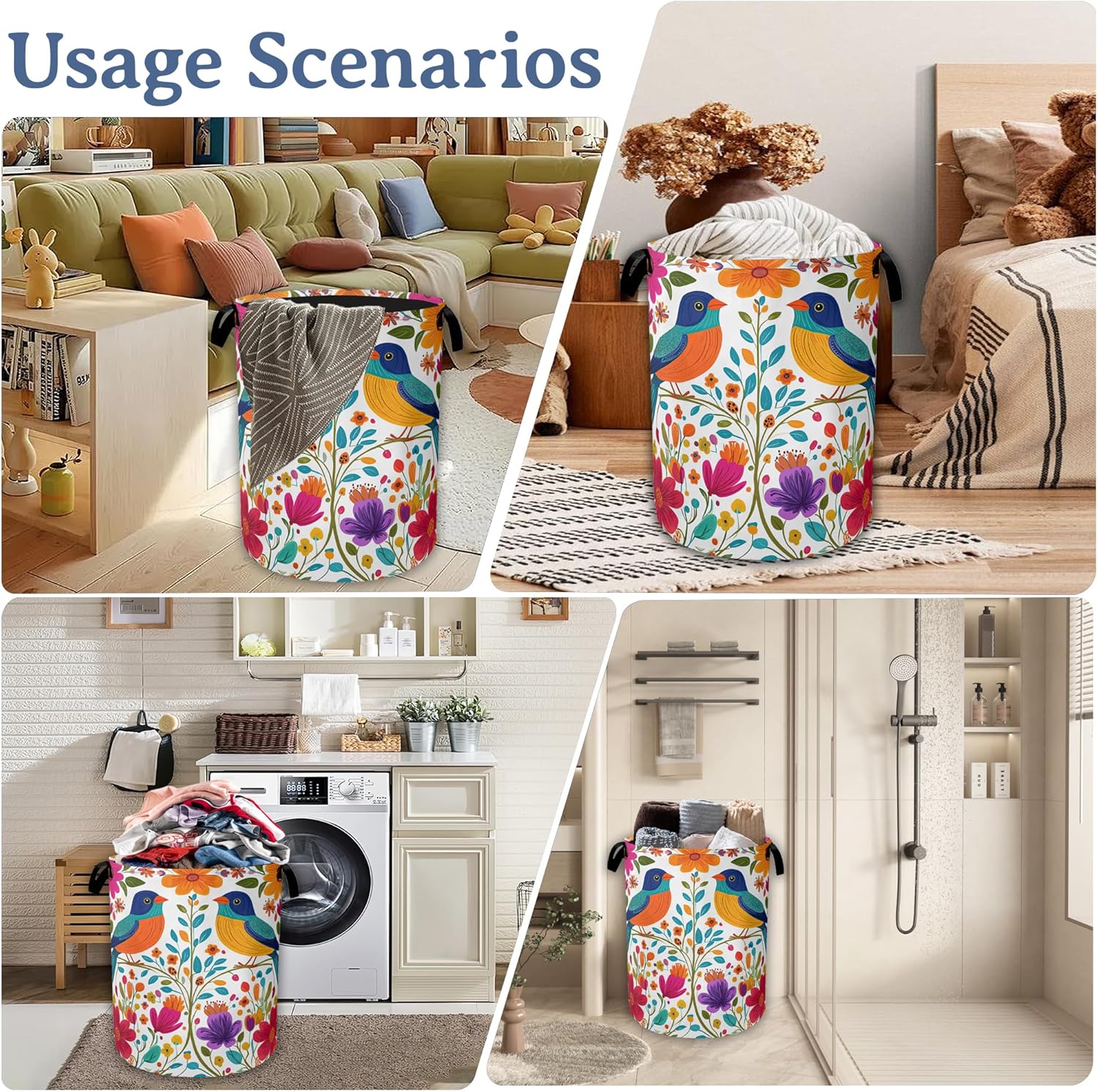 Bird Flower Laundry Basket,Oxford Cloth Mexico Laundry Hamper With Handle Foldable Portable Clothes Storage Basket for Laundry Room/Bedroom/Bathroom 20.8"x16"