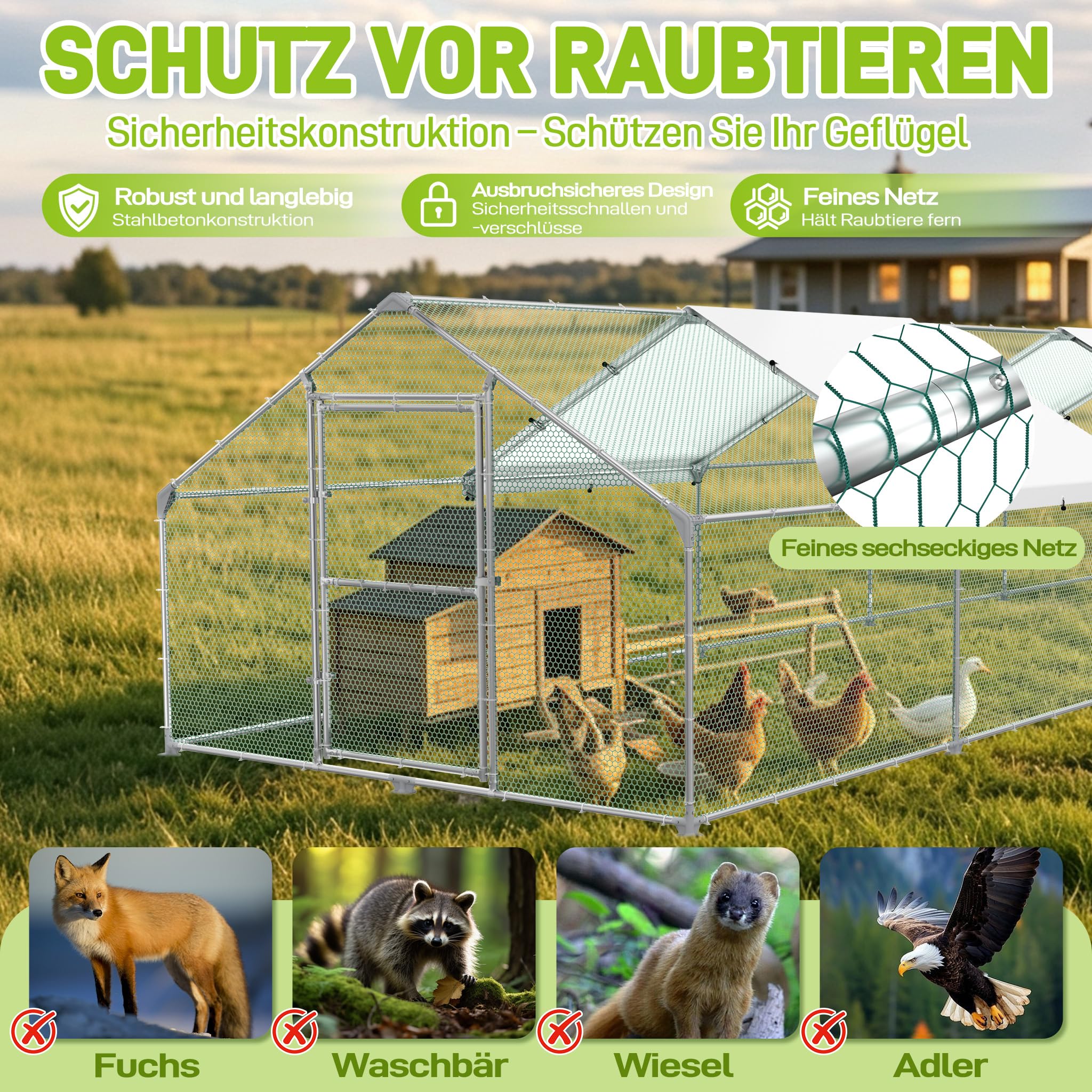 Aufun Pollaio Recinzione per Esterni 3x2x2m con Serratura | in Acciaio Zincato per Piccoli Animali Recinzione per Esterni Pollaio per Gabbia per Uccelli per Animali Domestici All'aperto