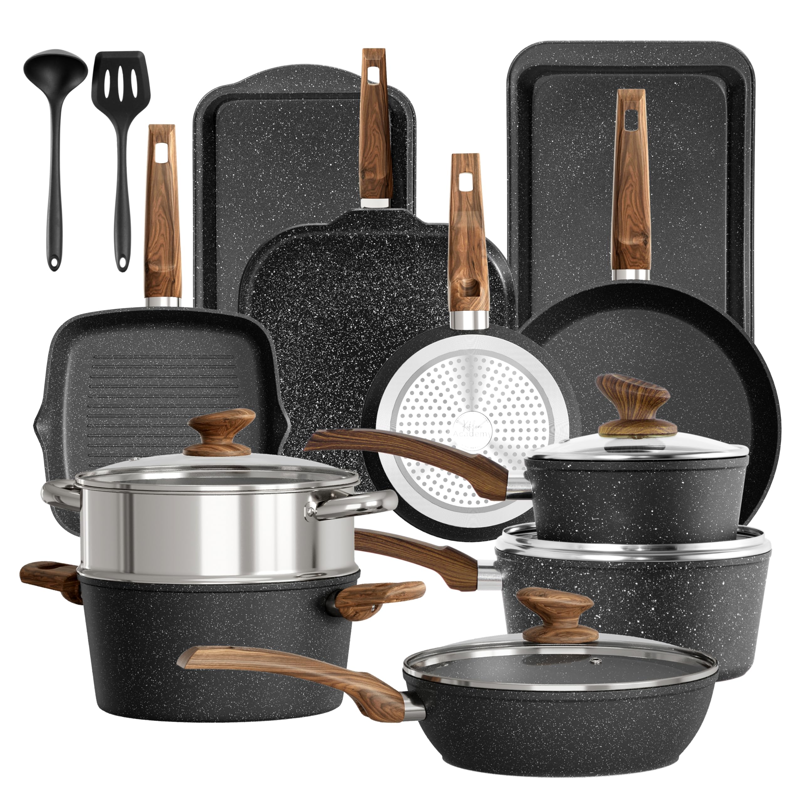 Kitchen Academy - Set di pentole a induzione, 17 pezzi, con coperchi in vetro e rivestimento in granito, con padelle e pentole (nero, 17 pezzi)