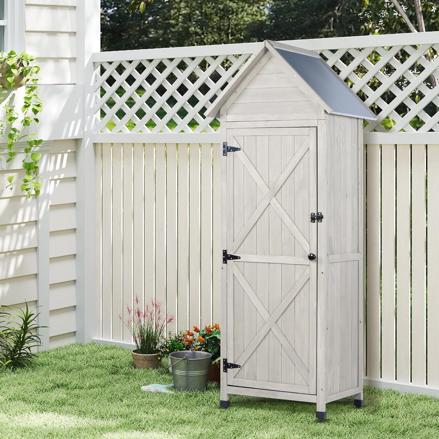 Wooden Outdoor Storage Cabinet with Waterproof Metal Roof Vertical Garden Tool Shed Adjustable Shelves, Perfect for Yards, Patios, Decks and Porches (Light Gray, 22" x 26" x 67")