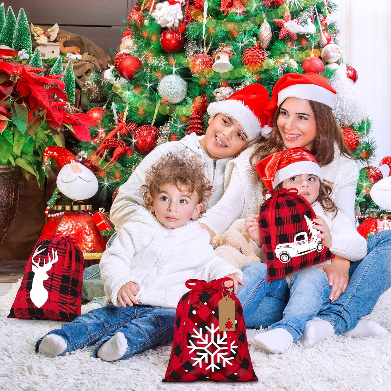 Aneco 12 Pieces Christmas Drawstring Gift Bags Red and Black Plaid Drawstring Bags with 24 Kraft Paper Tags and 16 Feet Rope Cotton Xmas Gift Bags for Christmas Party Supplies, 12 x 10 Inch