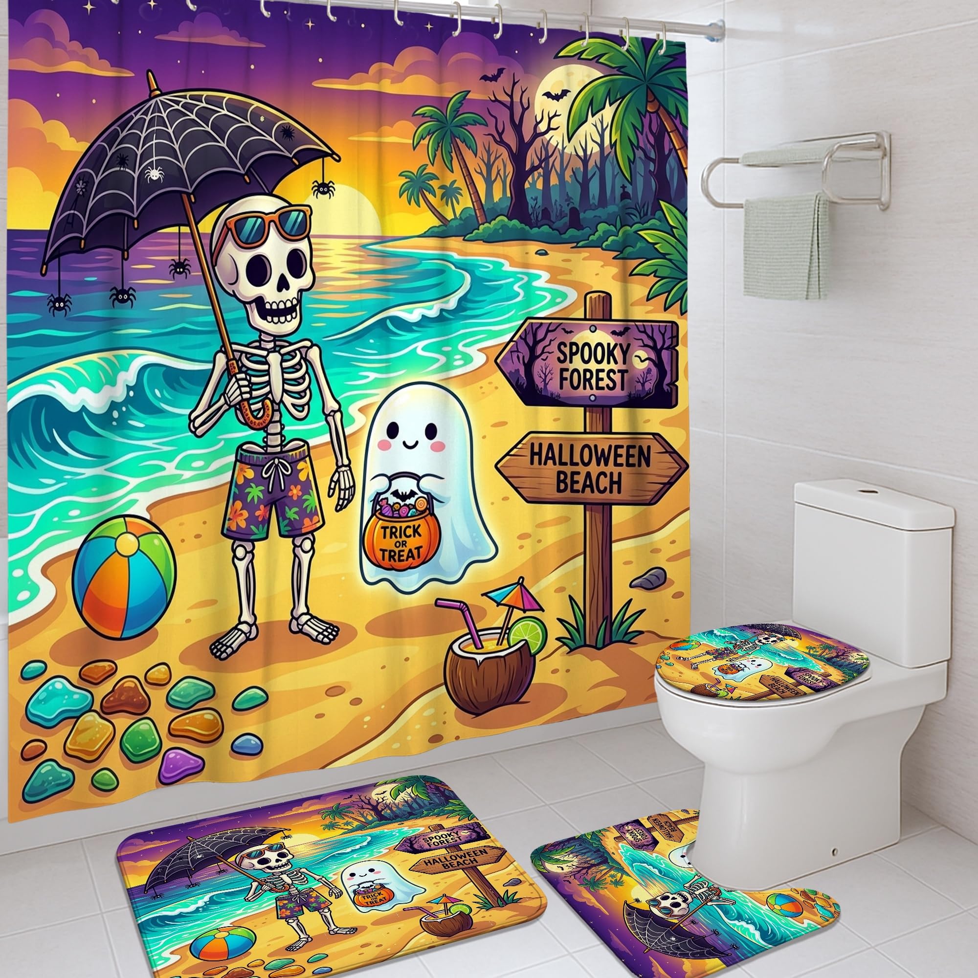 Rideau de douche squelette Halloween jaune avec tapis lavable et crochets