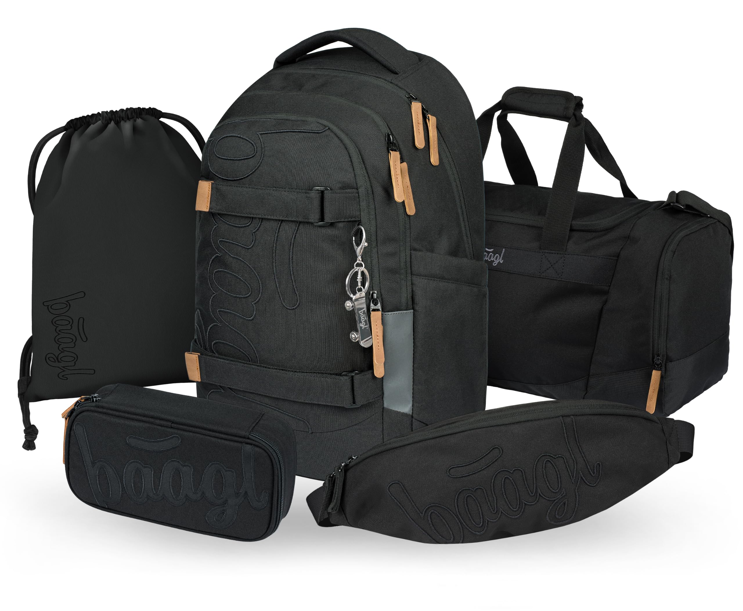 Baagl Schulrucksack Set Jungen Mädchen 5 Teilig 30 l - Darkness | Skateboard Rucksack für Teenager hat ein ergonomischer Schulranzen System, eine Bauchtasche und ein Laptopfach für Schule.