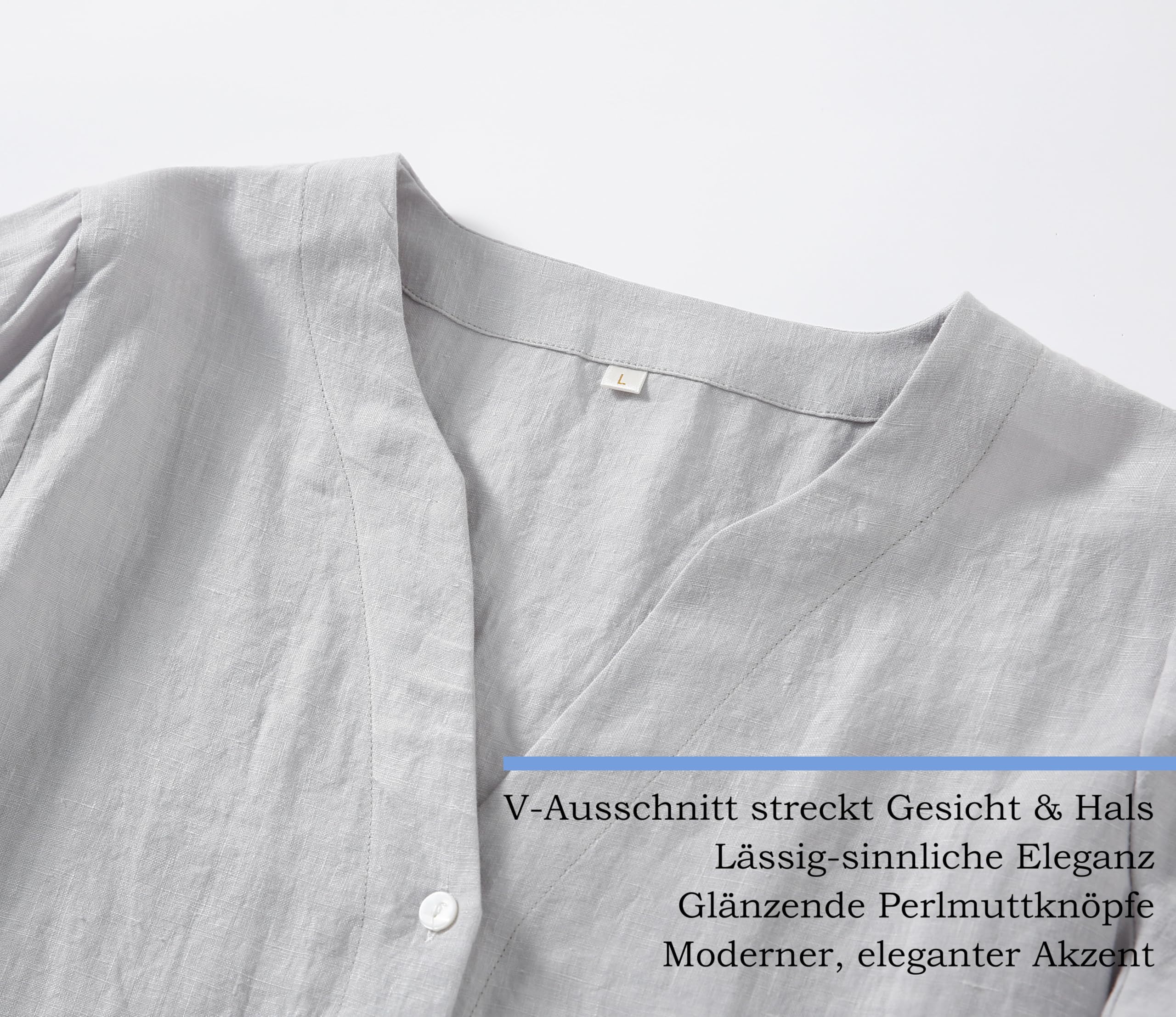 RAKUYUME Schlafanzug Damen 100% Leinen Pyjama mit Knöpfen Nachtwäsche Taschen und Kordelzug Nightwear Set V-Ausschnitt Shirt Sleepshirt für Frauen