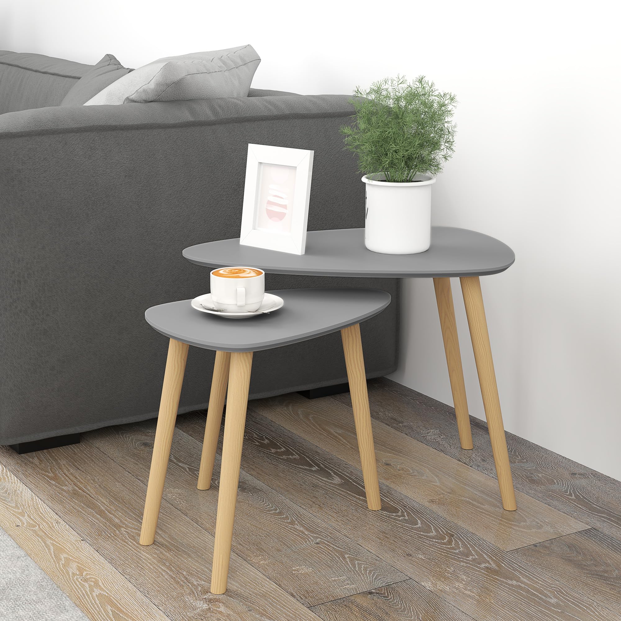 HOMCOM Set di 2 tavolini con gambe in legno Tavolini da caffè per soggiorno, camera da letto, ufficio 59,5x39,5x45 cm e 44,5x28,5x40 cm Grigio e naturale