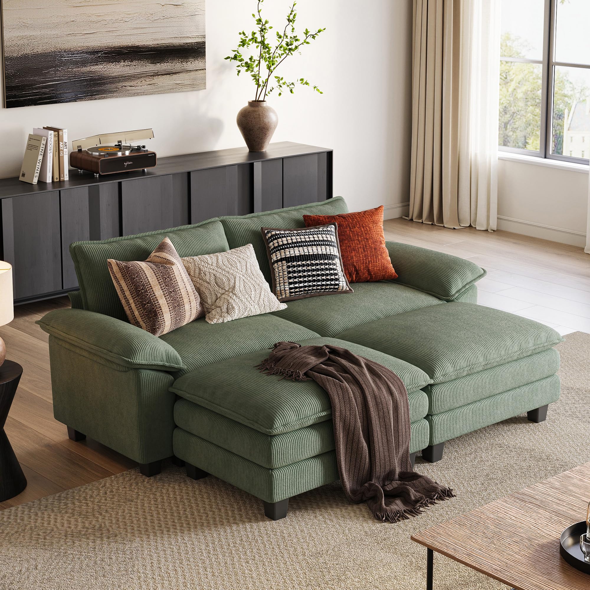 LINSY HOME 90" Modular Sectional Sofa with 2 Movable Ottomans Green