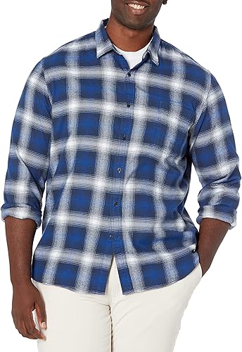 Tienda Essentials Camisas de franela de manga larga para hombre, corte ajustado, a cuadros con botones hacia abajo
