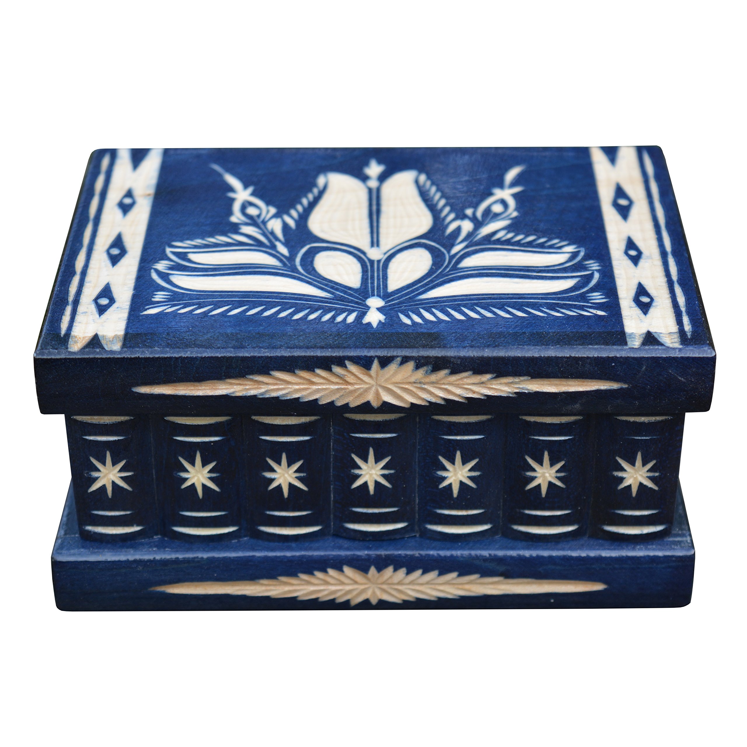 TransylvanyArt Jewellery Trinket Box, Earring Ring Holder, Gifts for women, Decorative Storage boxes, Carved Wooden Secret Mystery box (Blue)