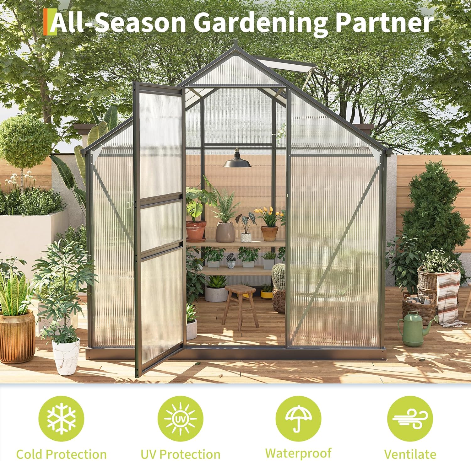 6×6FT Polycarbonate Greenhouse for Outdoors, Large Walk in Green House Kit and Winter Garden Planting, Enhanced Aluminum Green Houses for Outside to Protect Vegetables or Plants
