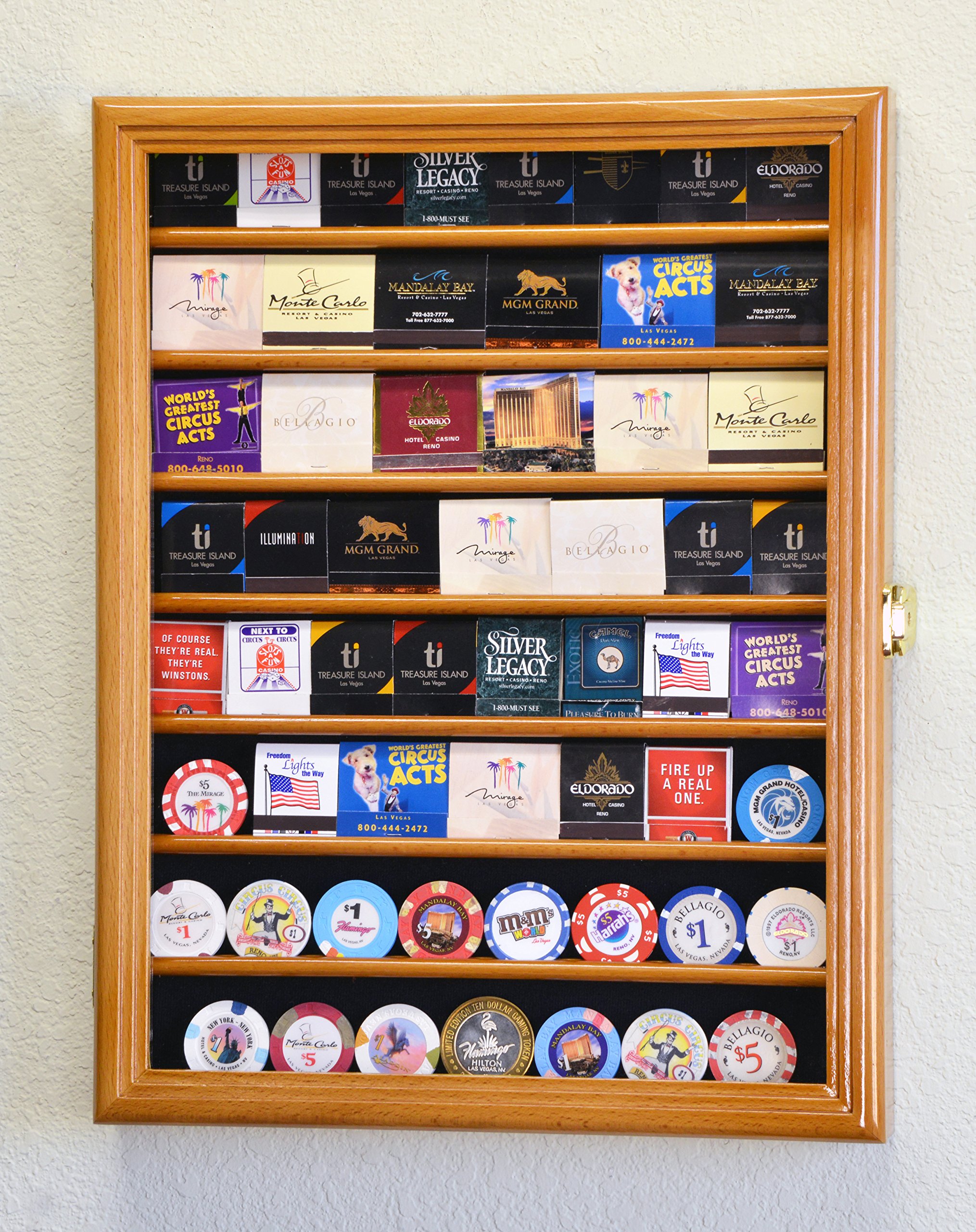 64 Matches Matchbook Display Case Cabinet Holder Rack Holds up to 64 Match Book or Boxes, 98% UV, Lockable, Oak