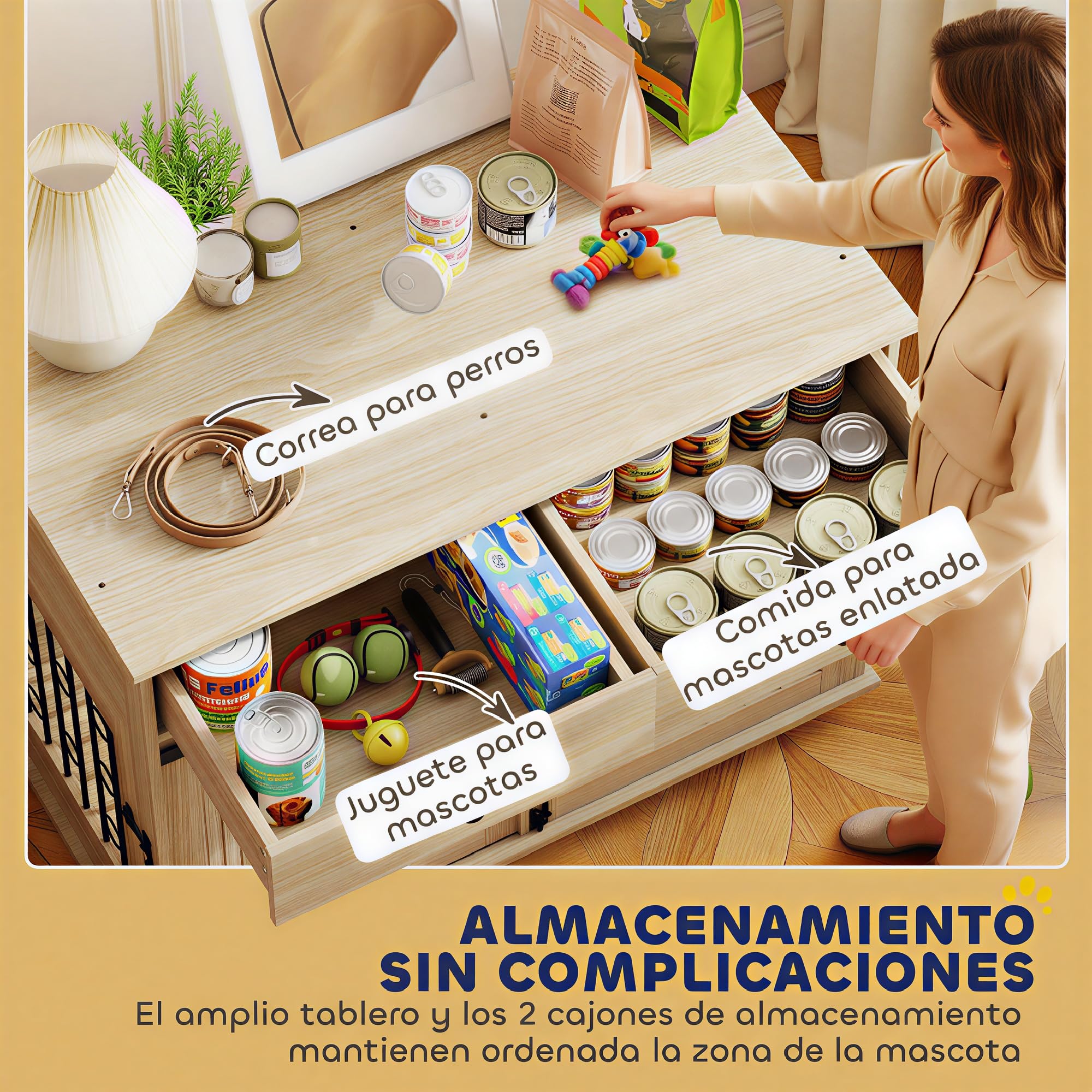PawHut Jaula para Perros con Ruedas y Mesa Auxiliar, Casa Moderna para Mascotas con 2 Cajones, Cierre y 2 Puertas, para Perros Medianos y Grandes, 100x56x81 cm, Roble