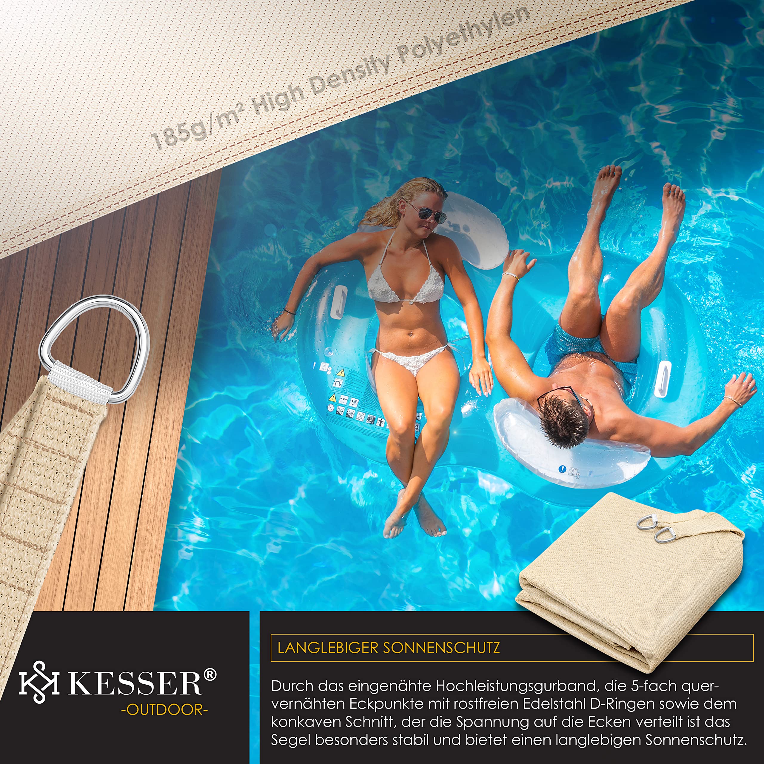 KESSER® Sonnensegel Sonnenschutz Windschutz | HDPE Gewebe | wasserabweisend & windabweisend | Dreieck 5x5x5m | 5-Fach quer vernäht robust & stabil Schattenspender Garten Balkon Terrasse Creme