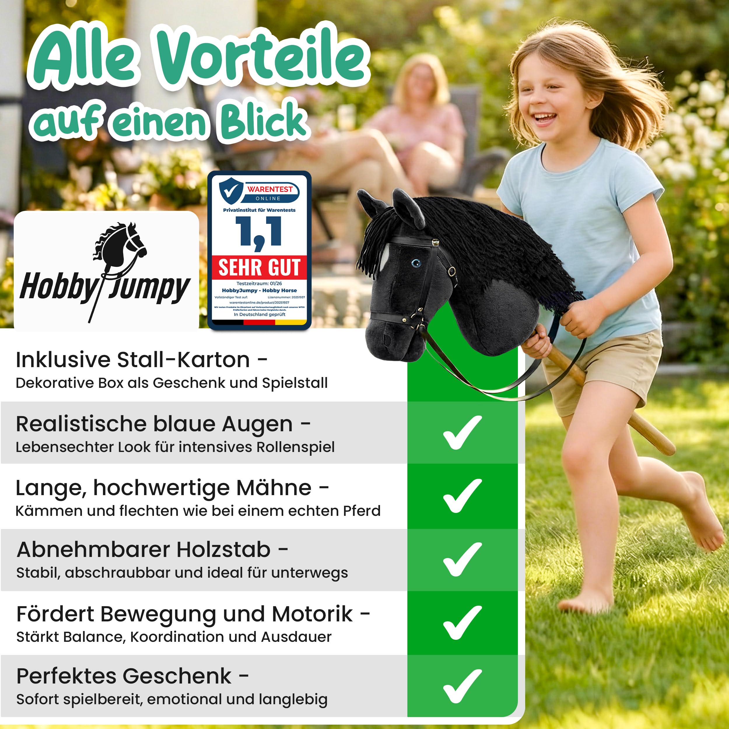 Hobby Horse A3 Steckenpferd mit realistischen Augen und Stall-Geschenkbox – Braun oder Schwarz