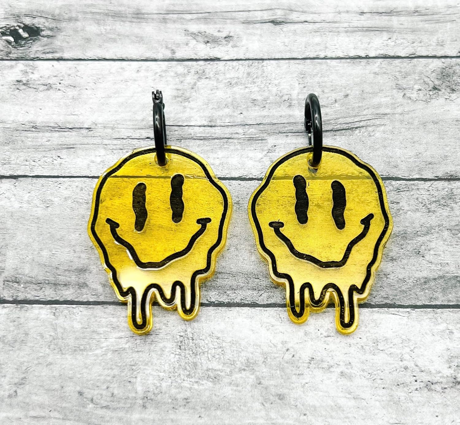 Melting Smile Dangles on Huggie Hoops/Happy Face/Yellow Smiley/Hand-made acrylic earrings made in Wisconson USA
