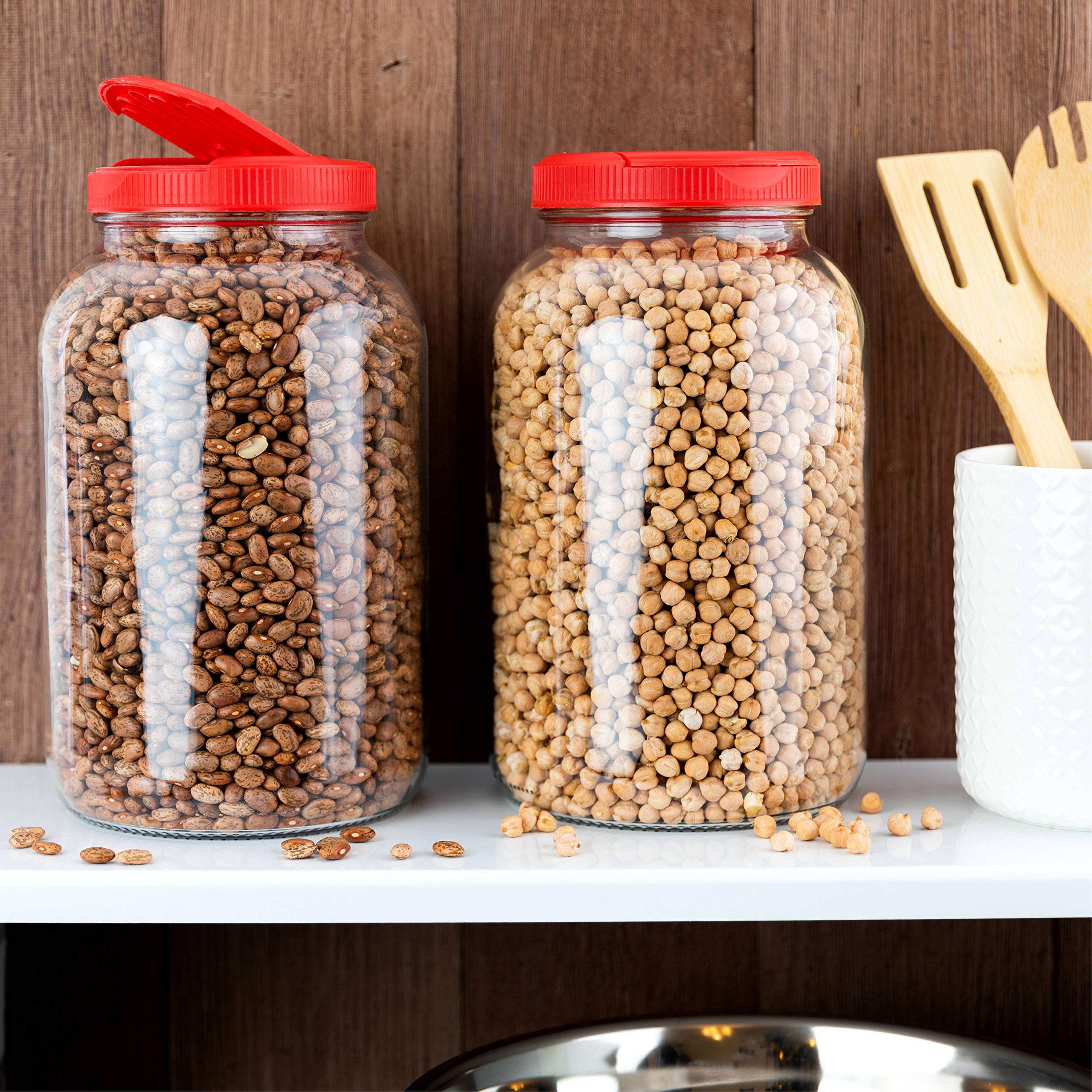 2 Pack - 1 Gallon Mason Jar - Glass Jar Wide Mouth with Plastic Lid - Container for Storing Dry Foods, Spices, Pasta, Legumes and Pet Food - Red Slotted Pour Cap