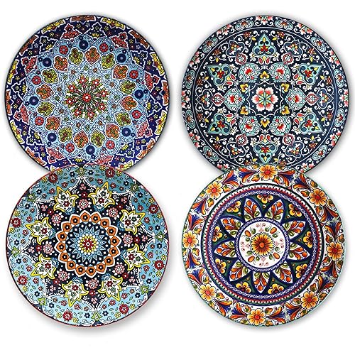 HASENSE Dinner Plate Set of 4, 10.5 Inch Porcelain Plates for Kitchen, Large Salad Plates for Steak, Dishes Set for Restaurant, Microwave, Oven & Dishwasher Safe for Christmas Gift, Bohemian