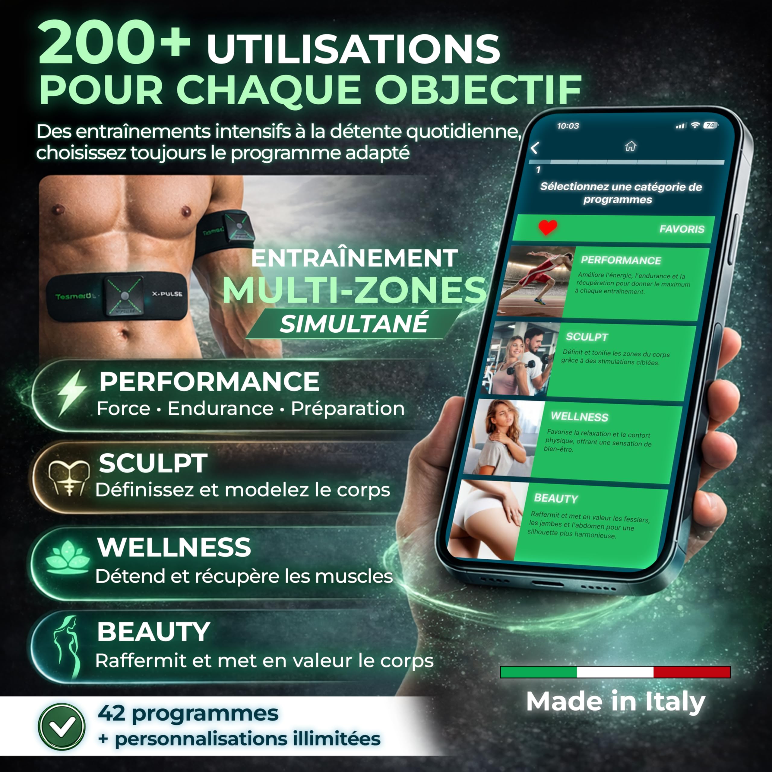TESMED X-Pulse Électrostimulateur EMS sans Fil, 2 Dispositifs | Rechargeable et piloté par application, multi-zone, programmes personnalisables et 130 niveaux d’intensité.