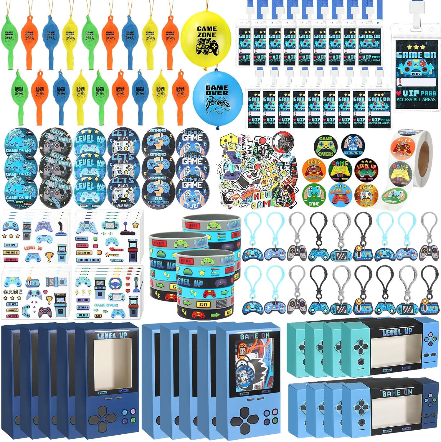 195 Pcs Video Game Party Favors for Kids Gamer Goodie Bag Stuffers Gaming Birthday Party Supplies with Gift Boxes, VIP Pass, Balloons, Bracelets, Keychains, Badges, 3D Stickers (Blue)