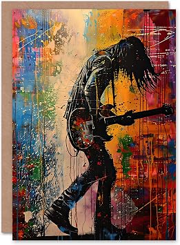 Greeting Card Grunge Rock Music Guitarist Colourful Portrait Blank For Him Or Her Art Birthday Card