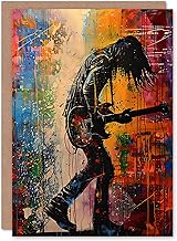 Artery8 Greeting Card Grunge Rock Music Guitarist Colourful Portrait Blank For Him Or Her Art Birthday Card