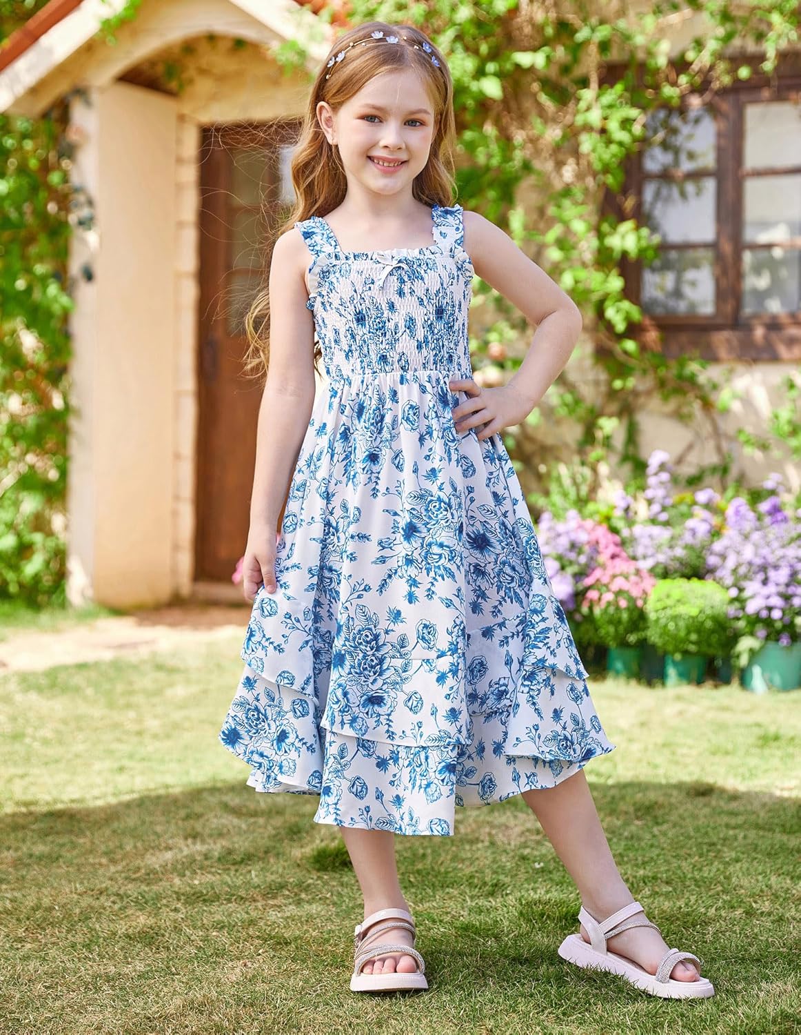 GRACE KARIN Girls Floral Maxi Dress Square Neck Wide Straps Smocked Summer Spring Flowy Dress 5-14Y - Image 3