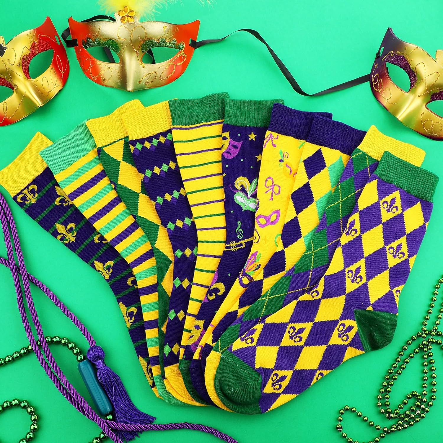 Cuffbow 12 Pairs Mardi Gras Socks Unisex Patterned Novelty Socks for Men Shoe Size 7-12, Women Shoe Size 8-13(Mardi Gras) - Image 2
