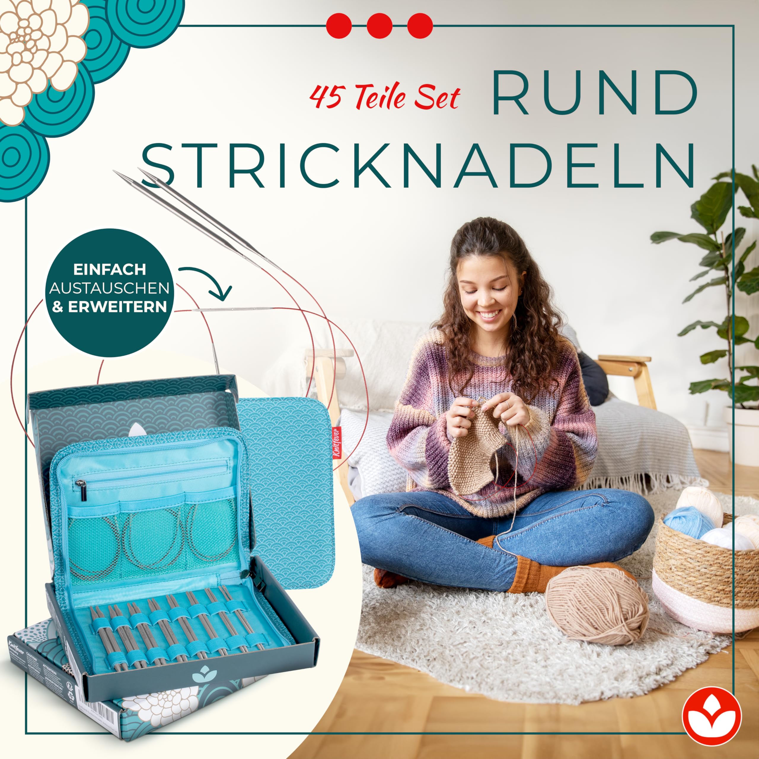 Knitfever® Austauschbares Rundstricknadel-Set - 8 Paar Stricknadeln: 2,5-6 mm - Inkl. Tasche zur Aufbewahrung für Strickbegeisterte
