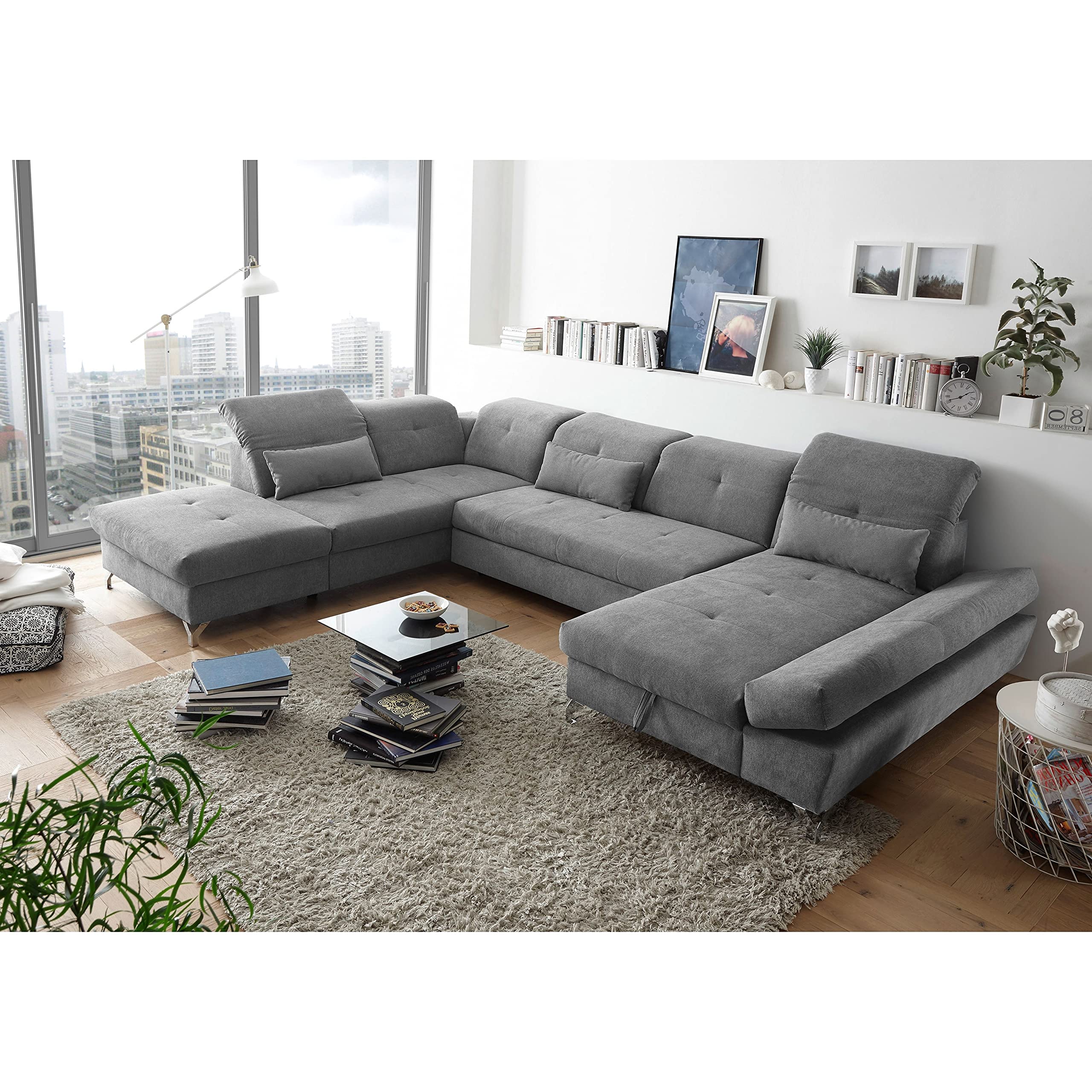 Stella Trading MELFI Wohnlandschaft in U-Form, Stoffbezug Schlamm - Ausziehbares Sofa mit Schlaffunktion & Bettkasten - 350 x 73 (96) x 245 cm (B/H/T)