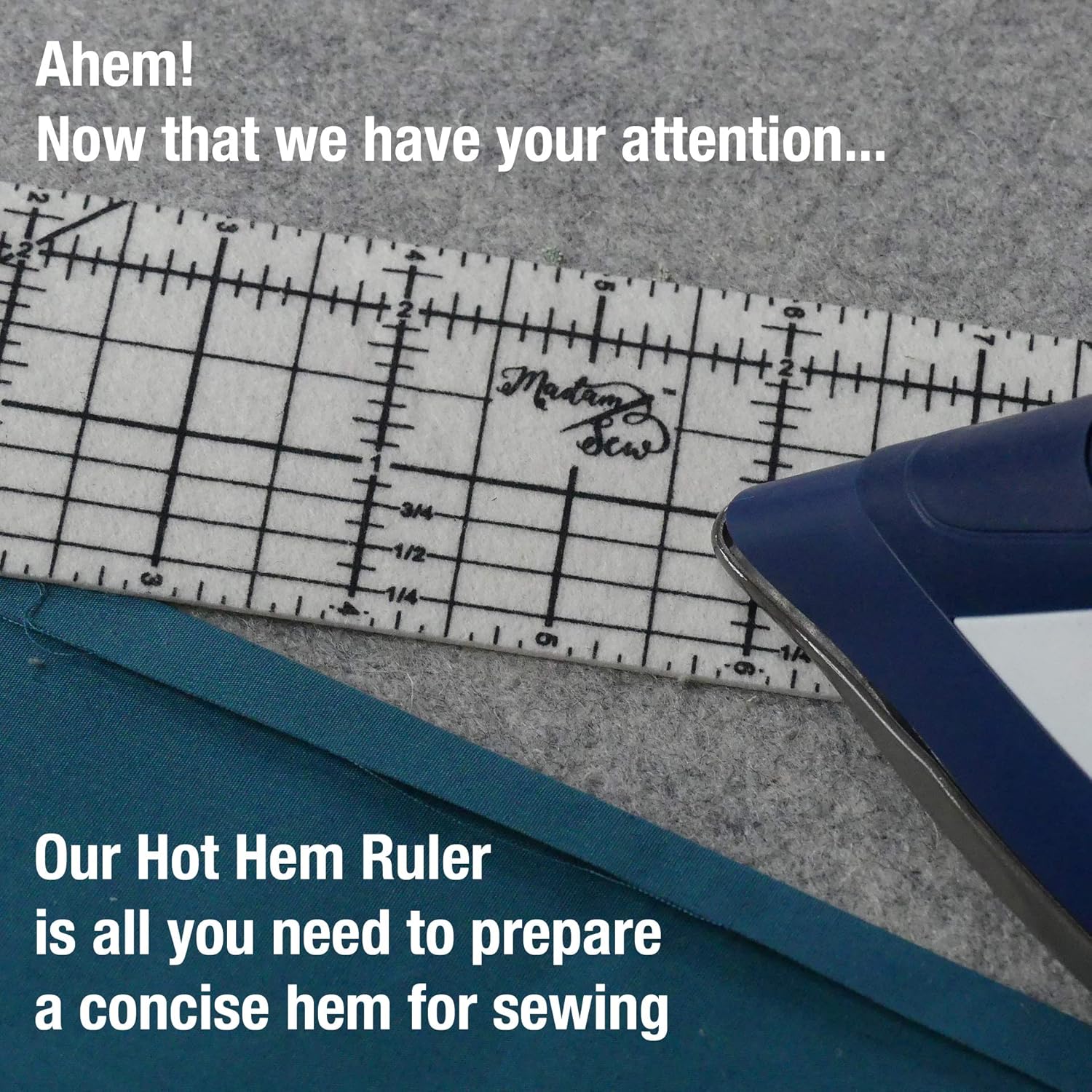 Madam Sew Hot Hem Ruler for Quilting and Sewing – Non-Slip Hot Ironing Ruler with Clear Grid Lines for Fabric Seams, Hems, Folds and Pleats with Dry or Steam Iron on Quilt Blocks and Clothes