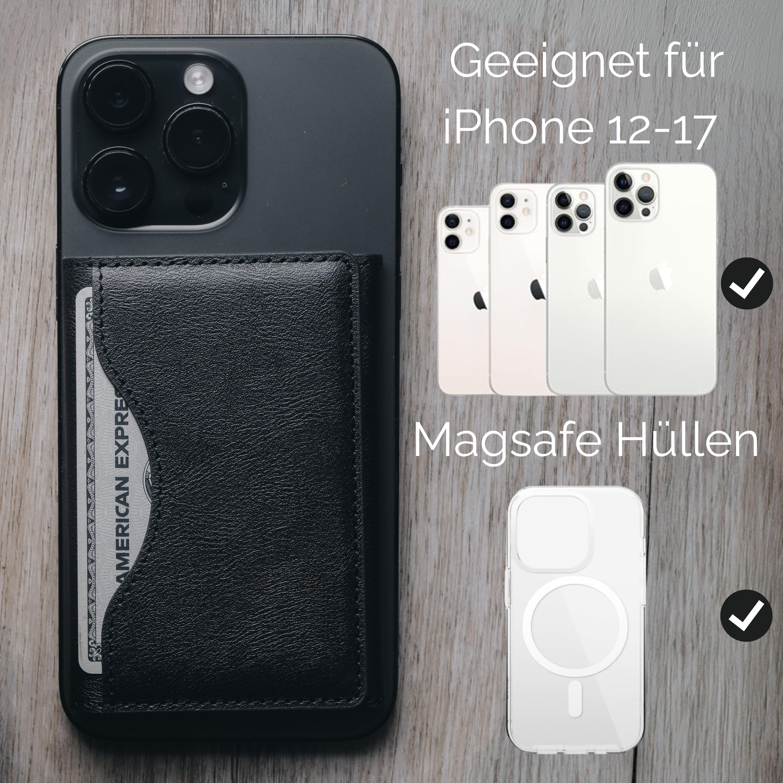 MagSafe Kartenhalter – Magnetischer Kartenhalter aus Leder für iPhone 17/16/15/14/13/12 – Platz für bis zu 6 Karten – Slim Wallet fürs Handy – Starke Magnetkraft, schlankes Design (Schwarz)