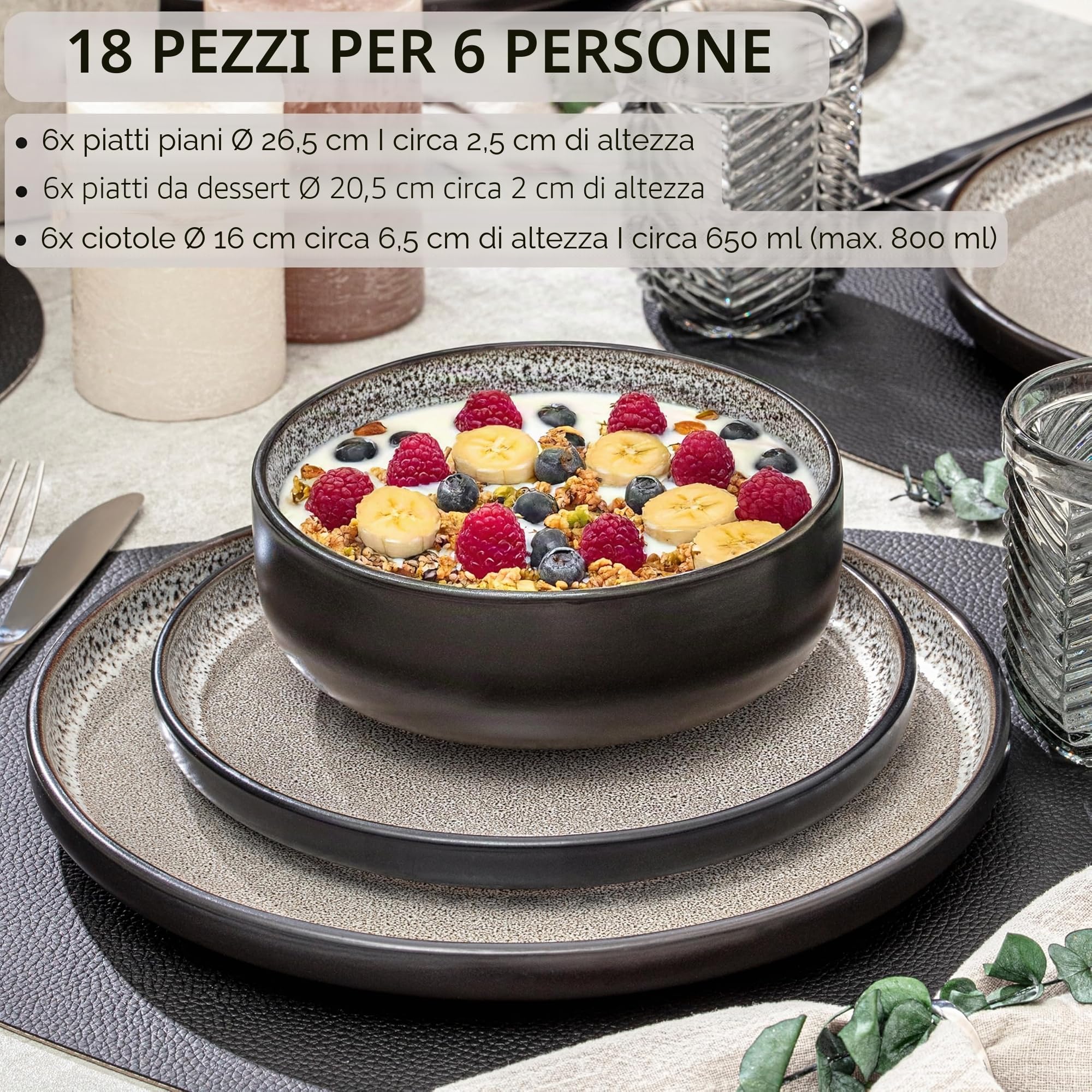 SÄNGER Luxor - Set di piatti in gres porcellanato, 18 pezzi, per 6 persone, 6 piatti piani, 6 ciotole per cereali, 6 piatti da dessert, stoviglie resistenti marrone e beige