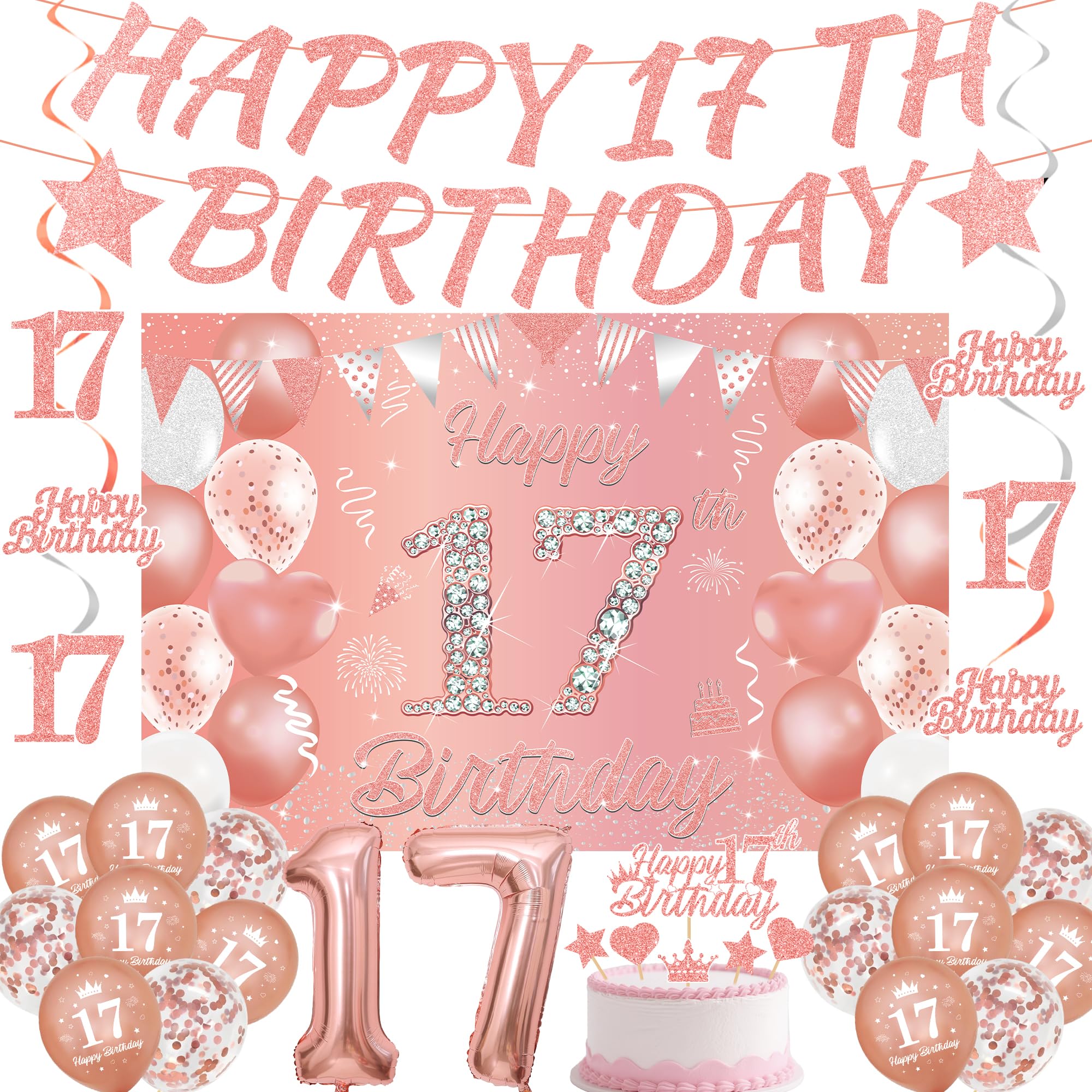 17th Birthday Decorations Balloon Girl - 33 Pcs Rose Gold Glitter Banner Hanging Swirls Backdrop Cake Topper Number Foil Balloons for Girls 17 Years Old Birthday Party Decor Supplies