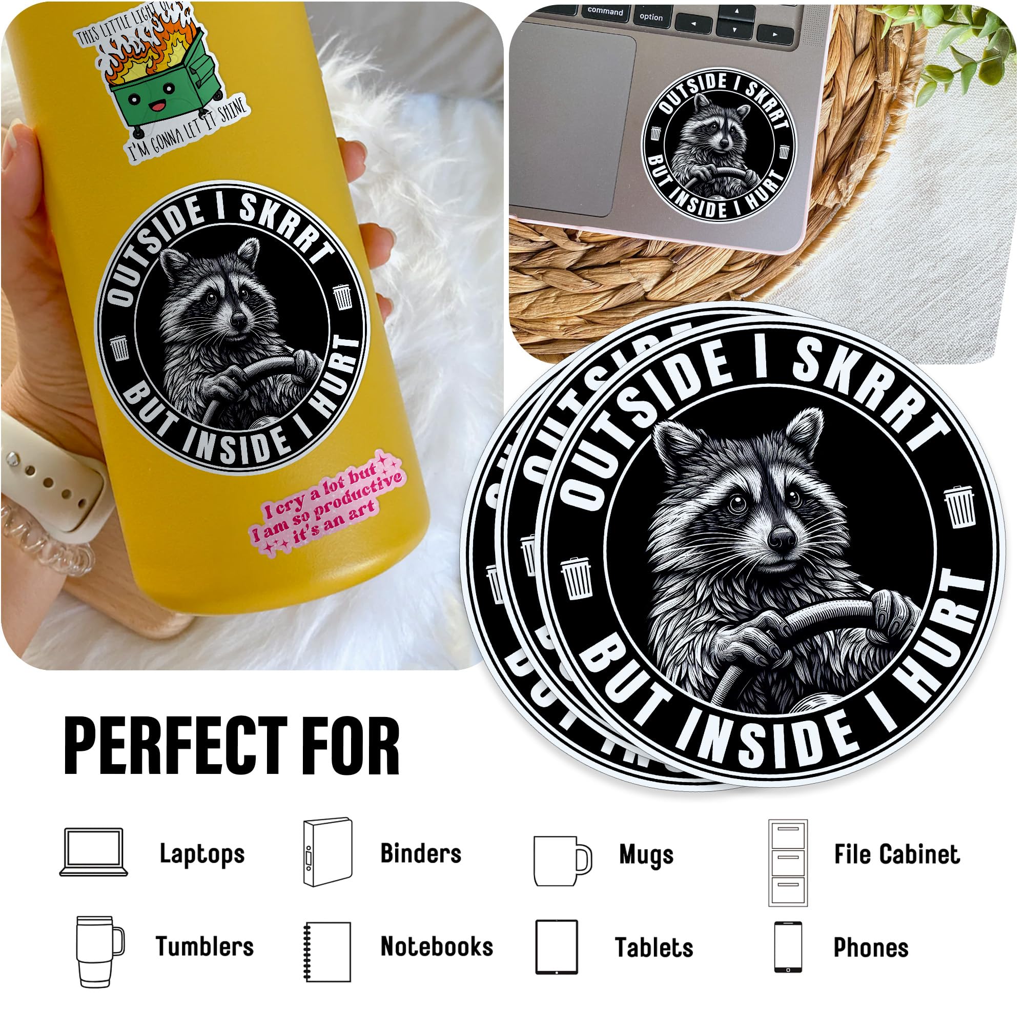 (3 pezzi) Outside I Skrrt But Inside I Hurt Raccoon Driving Stickers, 7,6 cm Divertente adesivo in vinile impermeabile per laptop, bottiglia d'acqua, bicchieri, accessori regali per lei lui 7,6 cm