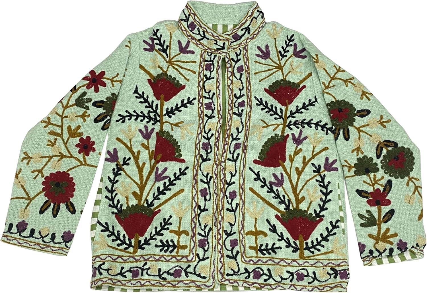 Indian Embroidered Floral Jacket, Green, Reversible Striped Lining, Collared, Bohemian Style, Handcrafted